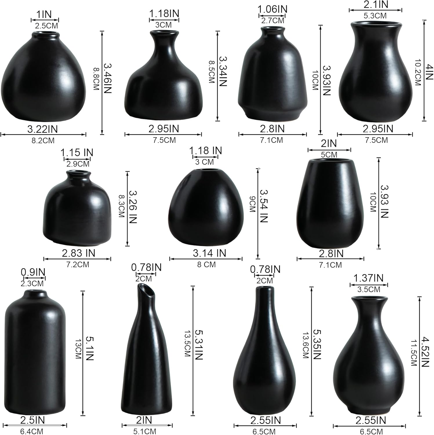 JOJUNO Black Bud Vases, Small Ceramic Vase Set of 11, Mini Pottery Vases for Flowers, Decorative Pieces for Home Modern Decor, Boho Decor, Chic Accents for Living Room Dining Table Shelves - Image 5