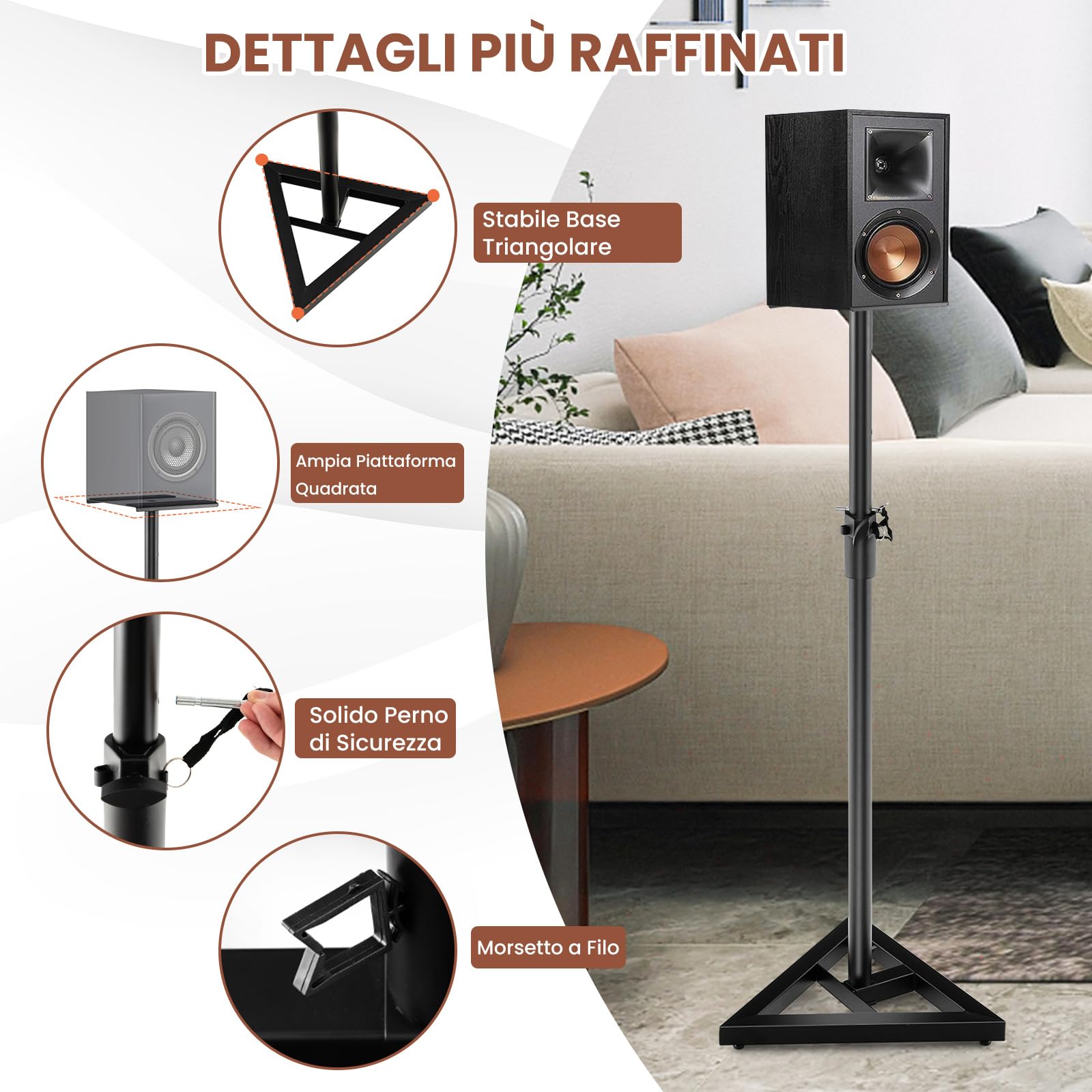 GYMAX Set di 2 Supporti per Altoparlanti, Regolabili in Altezza, con Base Triangolare, Adesivi Antiscivolo, Piattaforma Quadrata da 23 cm, Stativi per Casse per Casa, Studio