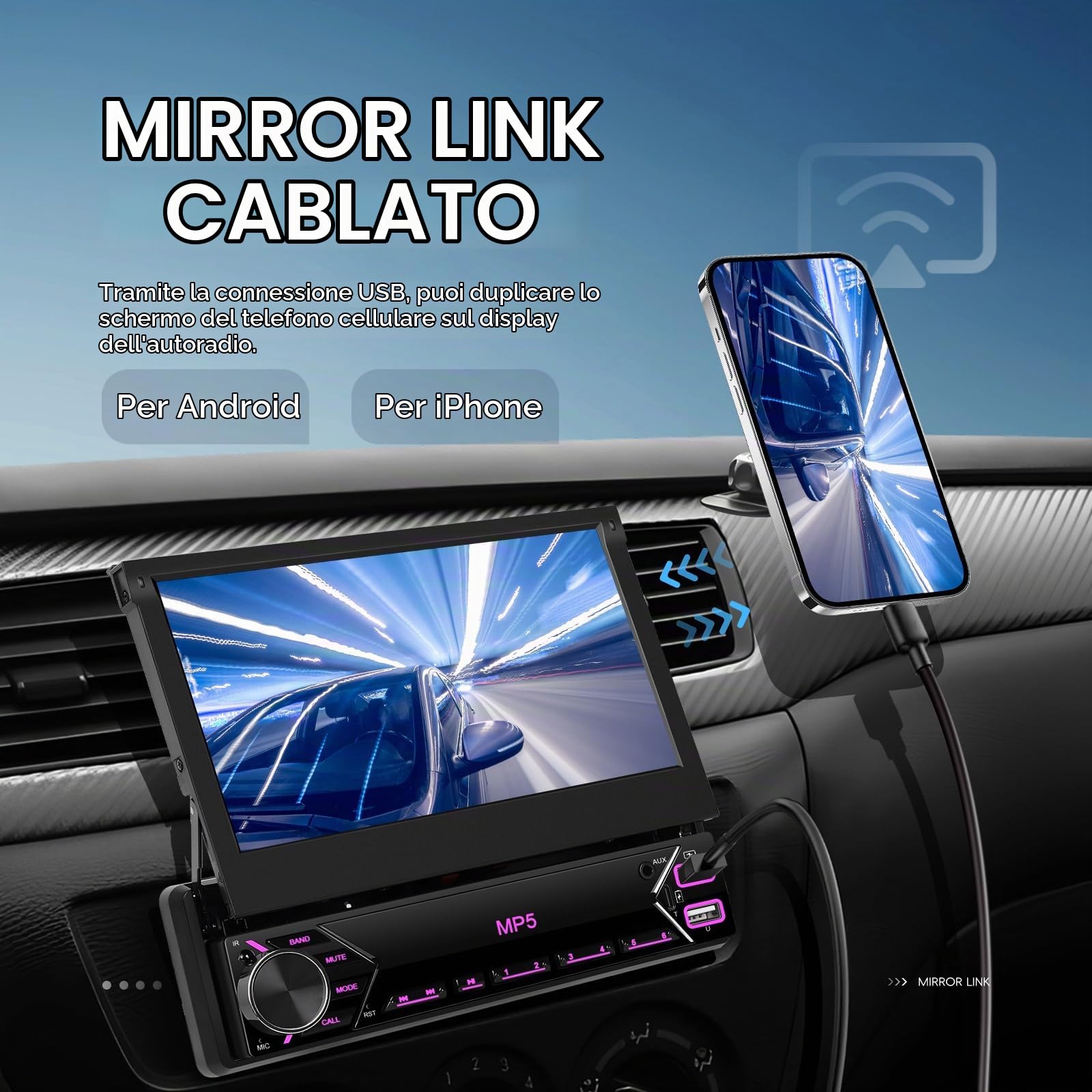 Autoradio 1 Din con Schermo Manuale Retrattile 7 Pollici Touch Bluetooth Mirror Link Cablato per iOS/Android - Controllo Volante, FM Radio e USB Type-C per Veicoli Standard