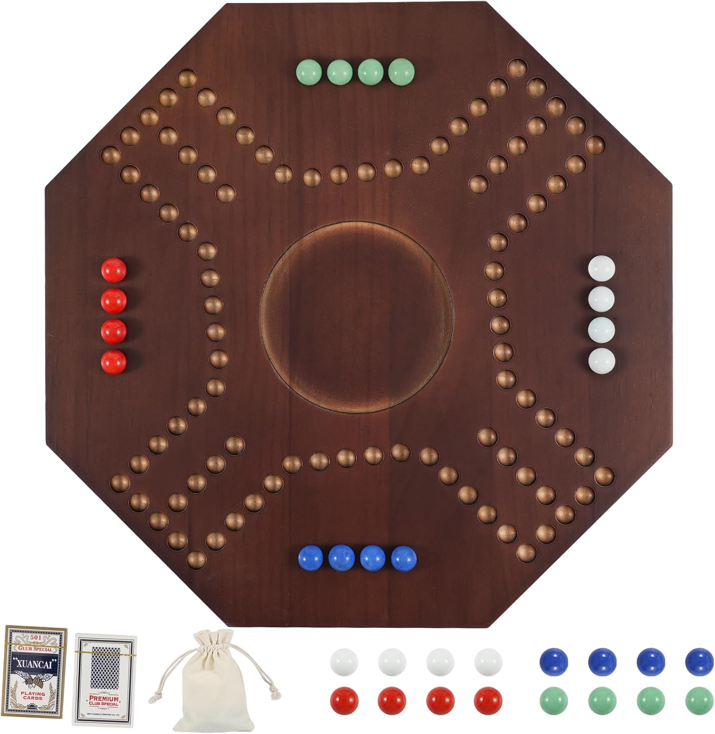 Middle East Marbles and Jokers Board Game Solid Wood Marbles and Card Game for 2-4 Players Game Board Wooden Integrated (Walnut Color)