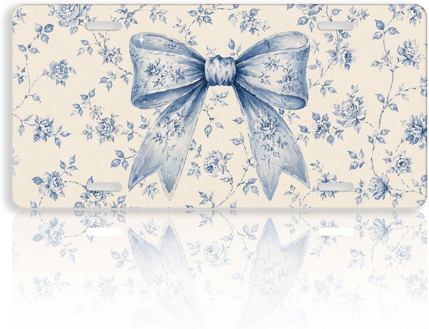 Blue Bow License Plate, Aluminum Decorative Personalized License Plate Toile Rose Vine Coquette Floral Novelty Vanity Tag Cover with 4 Holes 6×12 inch Car Decor Accessory