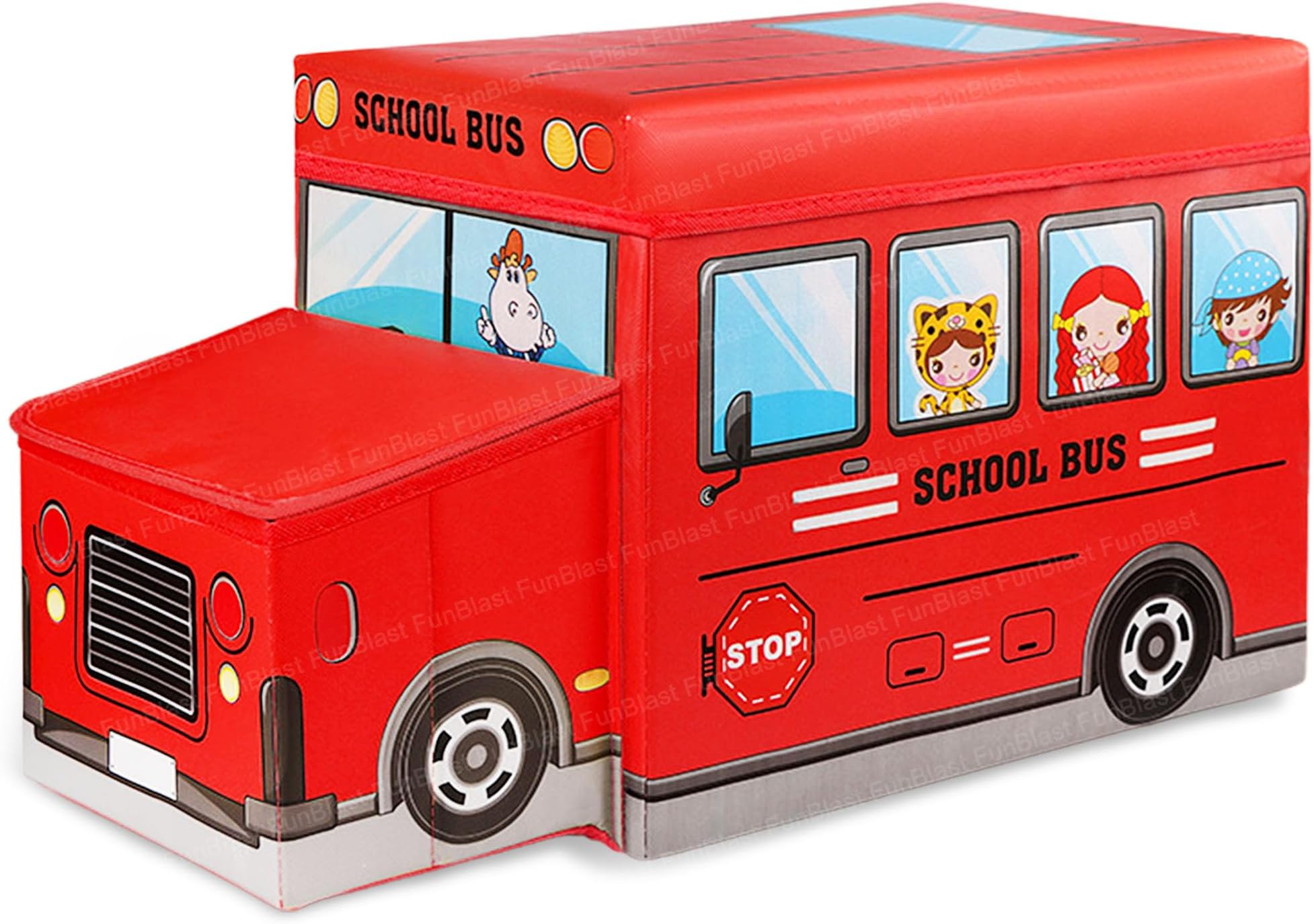 FunBlast Ottoman Storage Box - School Bus Shaped Muti-Functional Foldable Storage Box Basket Bin Organizer Stool for Kids, Storage Boxes for Toys for Kids (Red)