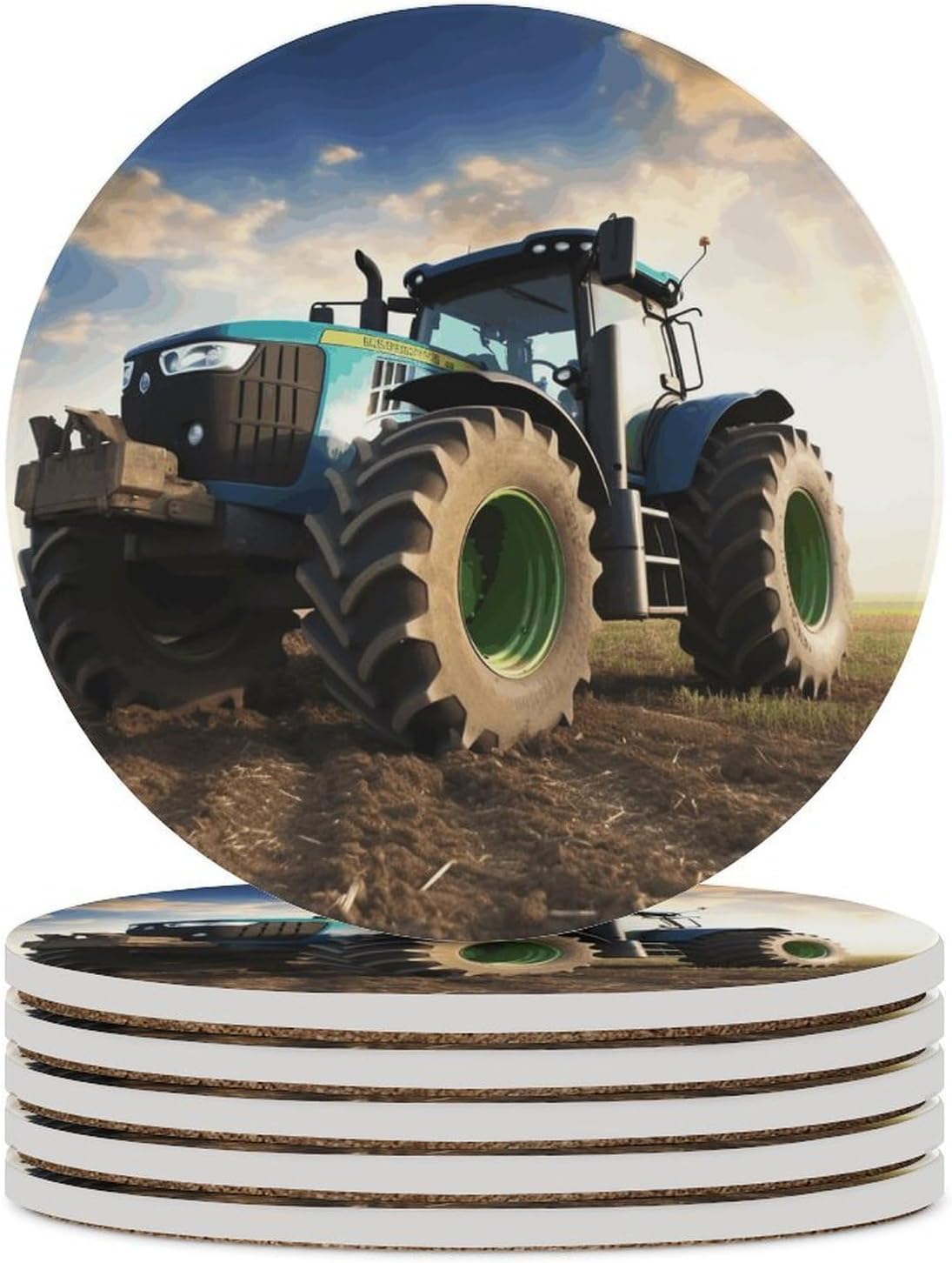 6PCS Farm Tractor Coasters Non-Slip Round Drink Coasters with Ceramic Stone and Cork Base, Heat Resistant Absorbent 33.00Stone Coaster Set for Kinds of Mugs and Cups, 4 Inch