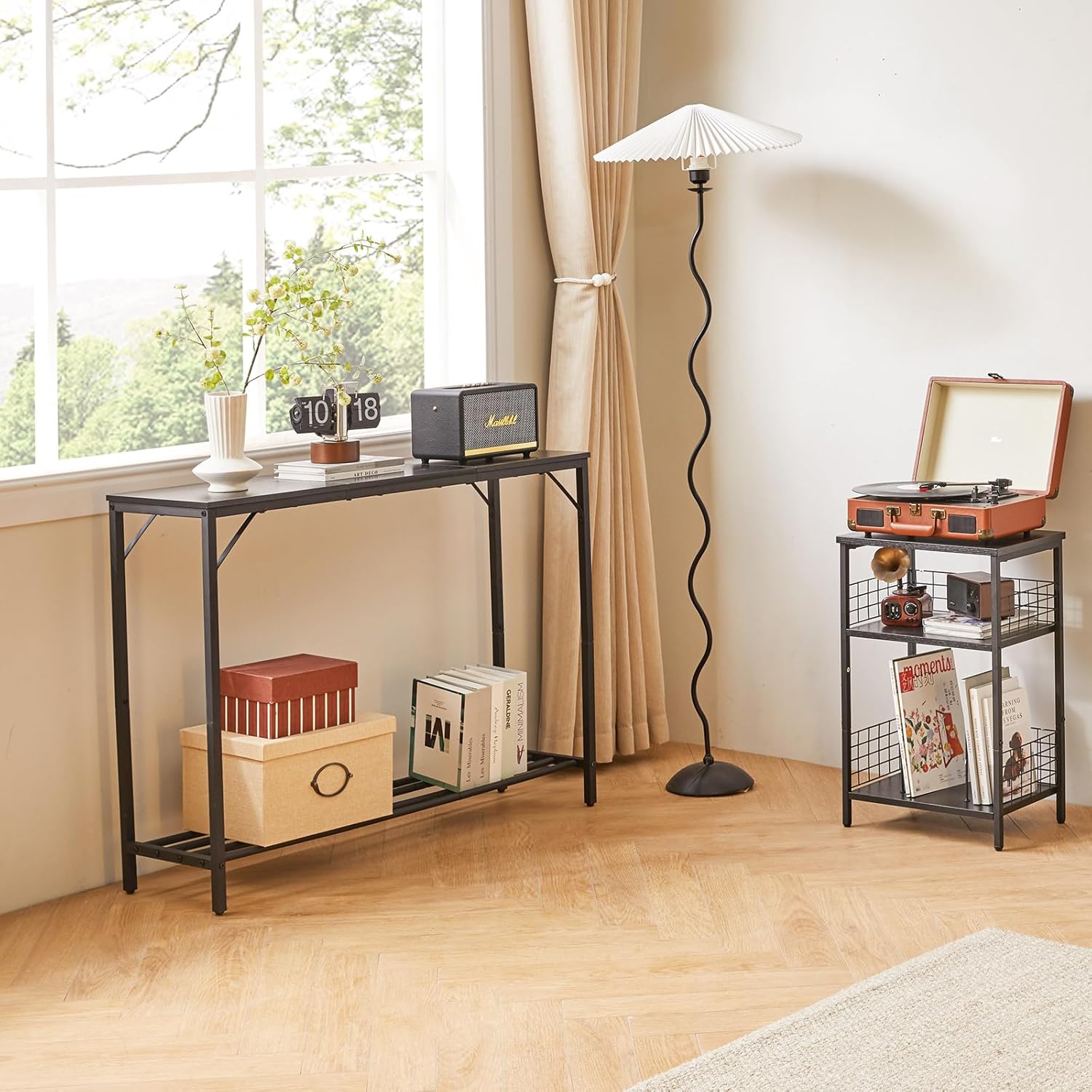 YMYNY Console Table, 42.1" Industrial Entryway Table, Narrow Sofa Table with Shelves, Couch Table for Entryway, Hallway, Living Room, Foyer, Office, Black UHST006B