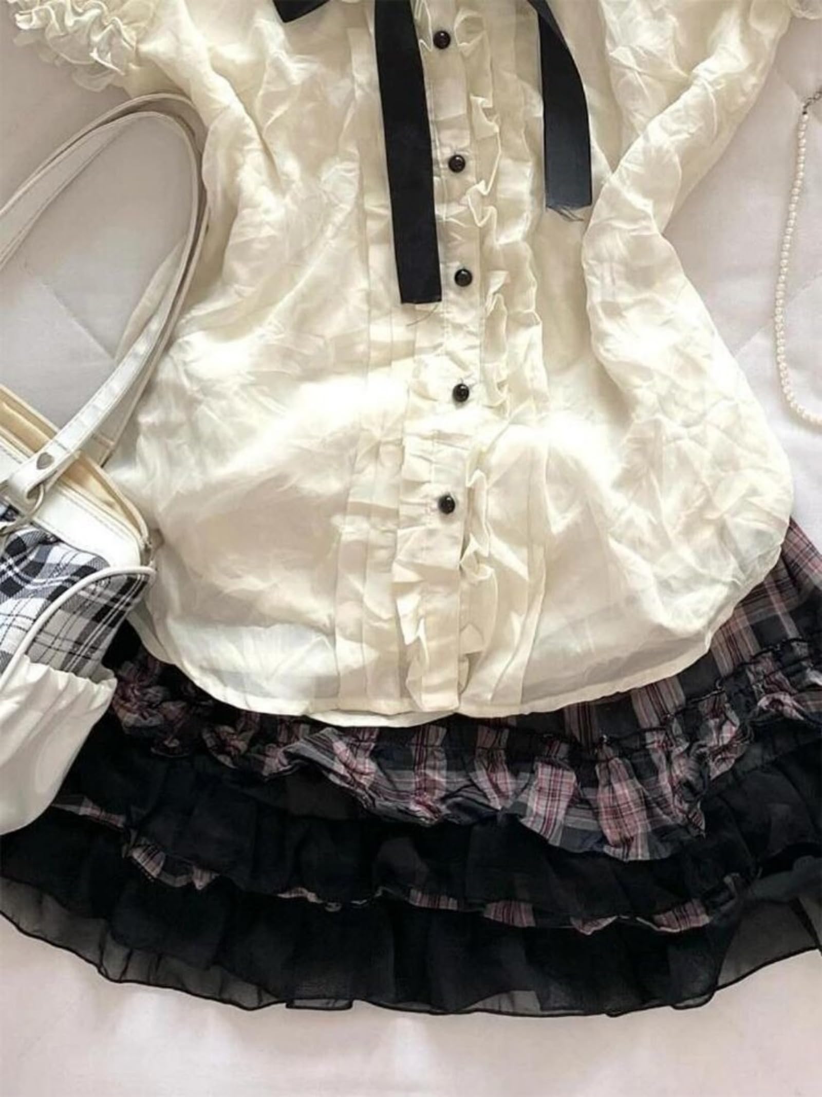 Lolita Shirts Kawaii Cute Clothes Blouse Lace Short Jirai Kei Fashion Puff Sleeve Shirt Ruffle Top with Bow Cutecore: Medium White