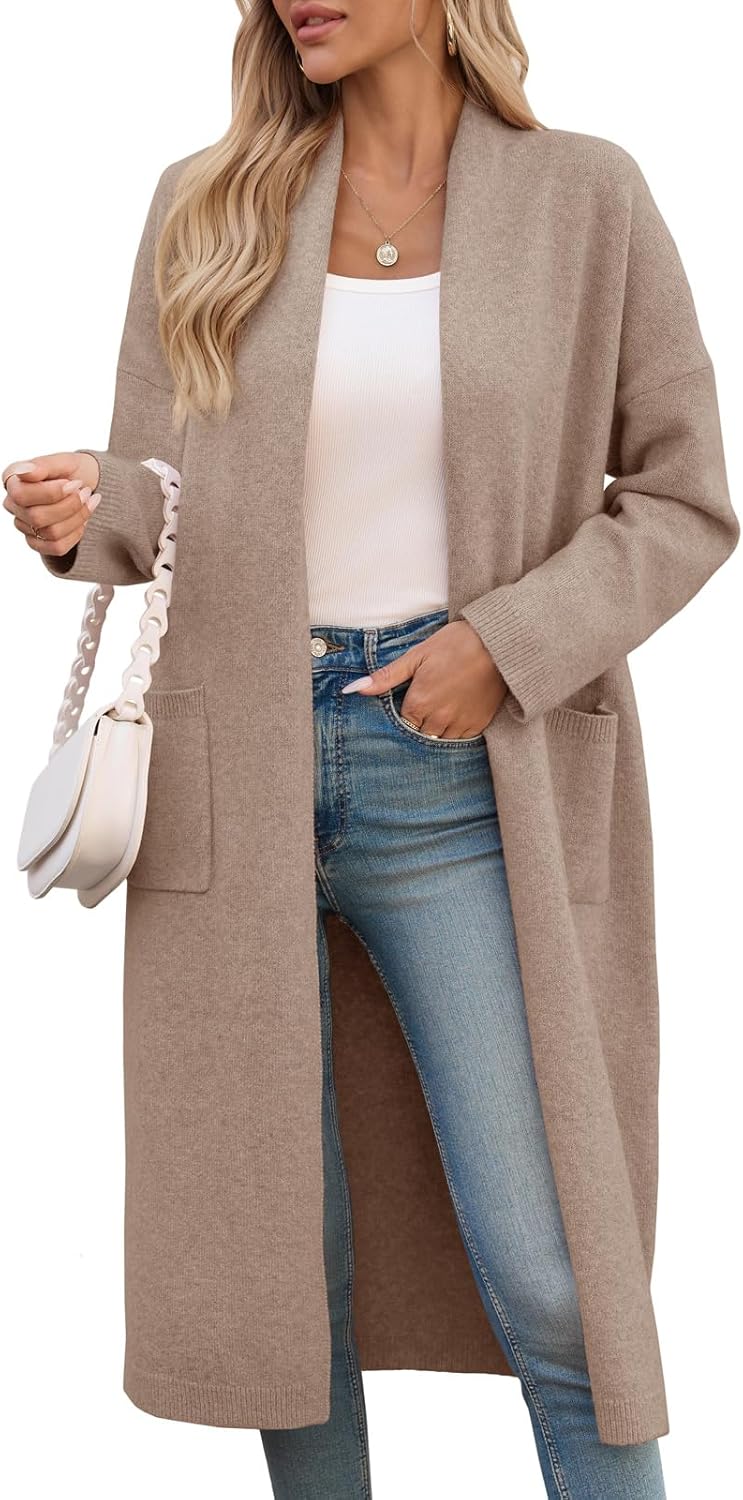 Saodimallsu Womens Extra Long Cardigan Sweaters Oversized Chunky Knit Open Front Long Sleeve Casual Duster Coat with Pockets