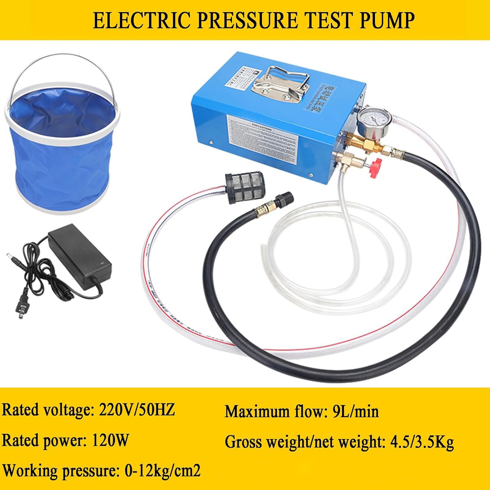 Bomba Eléctrica De Prueba De Presión, Comprobador De Fugas, Presión De Trabajo 0-12 Kg/cm², Caudal Máximo 9 L/min, Rosca Externa De 4 Puntos, para Pruebas De Presión En Tuberías