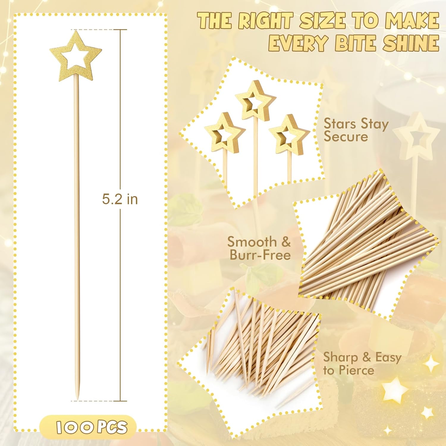 Gold Star Cotail Pis, Decorative Fancy Tootis for Appetizers, 5.2