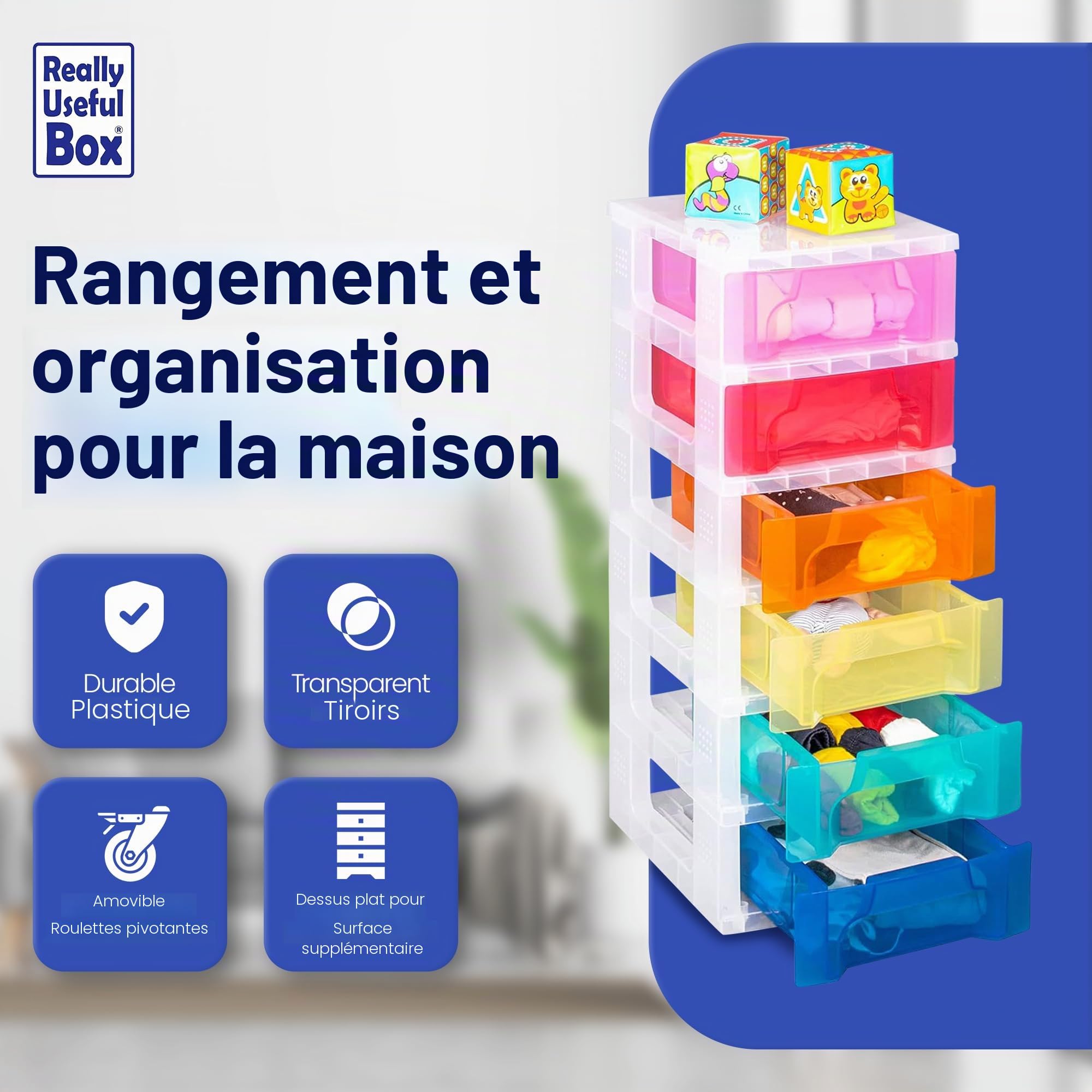 Boîte de rangement en plastique très utile, Slimline Storage Tower, 6 x 3,5 litres, cadre transparent avec tiroirs arc-en-ciel