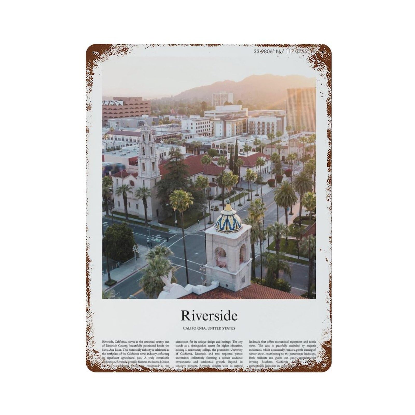 xiaoxiaoshen Riverside California, United States, USA City Scenery Wall Decor Art Metal Tin Poster Modern Home Decor Art Home Bar Shop Decorations Vintage Sign 40x30cm