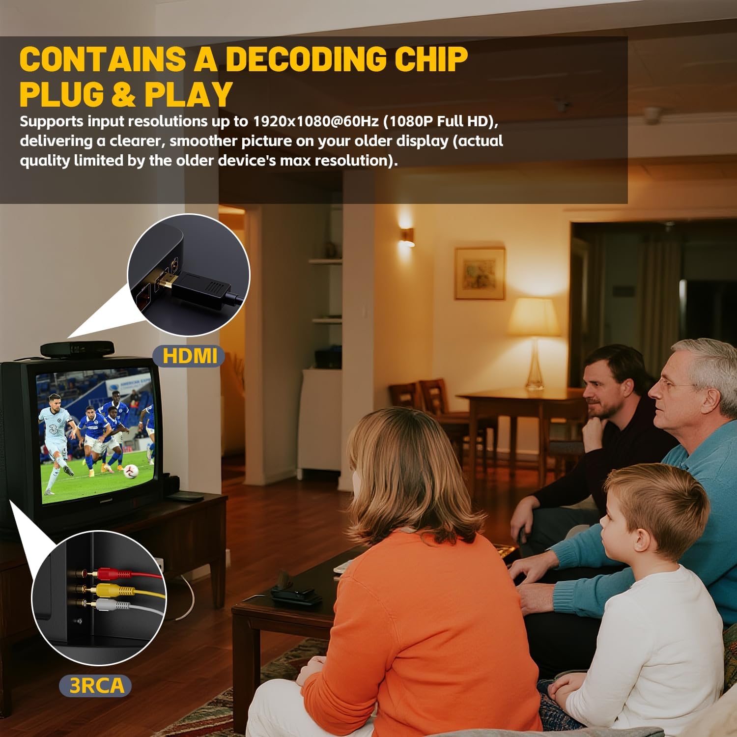 Cavo convertitore da HDMI a RCA con chip integrato, adattatore da HDMI a Av Plug and Play per PC, lettore DVD, laptop, monitor, proiettore, televisione, 1080P, 1,5 m
