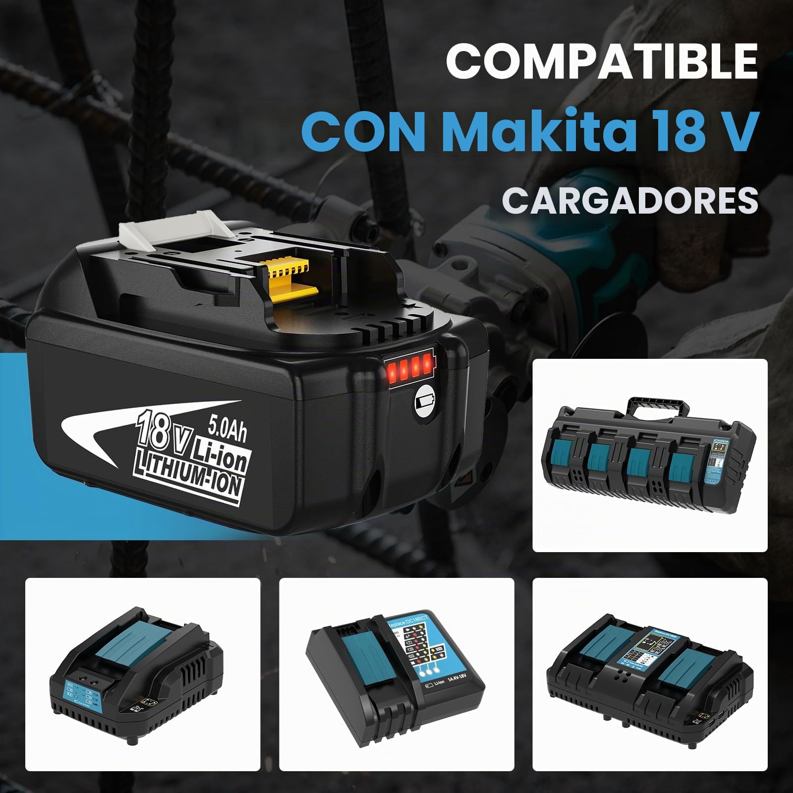 2X BL1850B Repuesto para Makita Batería 18V 5.0Ah + Cargador DC18RF Compatible BL1860B BL1850 BL1860 BL1845 BL1840 LXT-400 con indicador LED