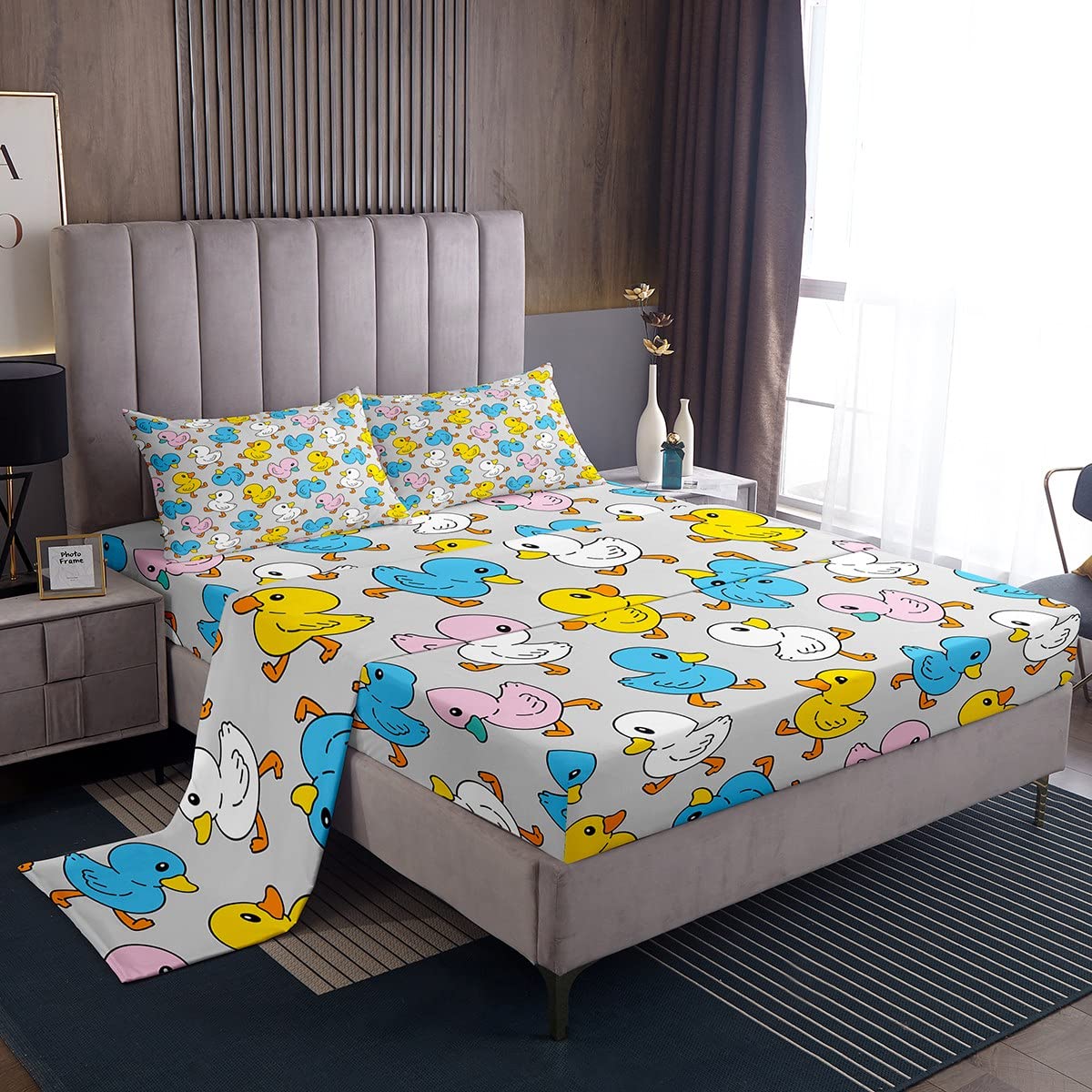 Erosebridal Cartoon Duck Bed Sheets for Kids Boys Girls,Colorful Lovely Duck Sheet Set,Cute Hand Drawn Goose Bedding Set Queen,Lovely Farmhouse Animal Fitted Sheet + Flat Sheet + 2 Pillow Shams