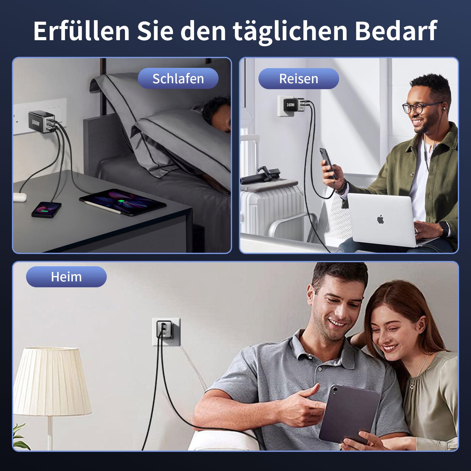 HSSNS Ładowarka USB C 160 W: 3-portowa ładowarka PPS, zasilacz GaN USB C do MacBook Pro/Air, iPad, iPhone 16/15/14