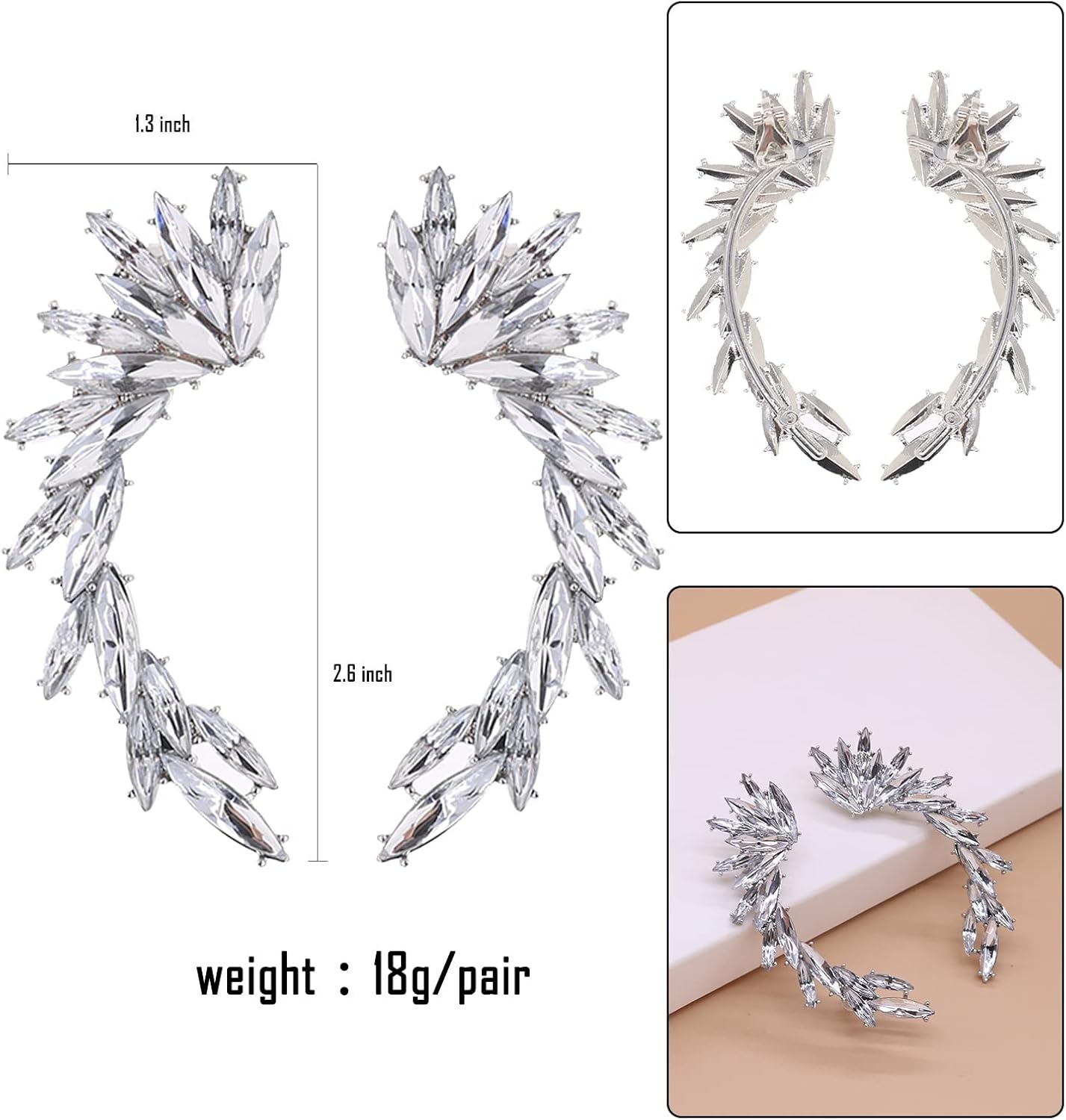 Miniatura 3 de Aretes de trepador de hoja de circonita de cristal, bonitos aretes de imitación para las orejas, aretes de clip para la parte superior de la oreja,