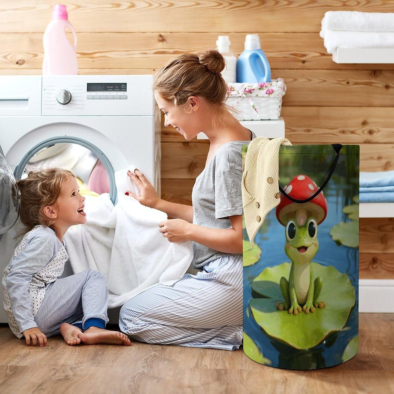 Cute Frog Red Mushroom Laundry Hamper Portable Lightweight Clothes Hampers Fashion Dirty Laundry Storage Basket Large Capacity Foldable Clothes Baskets for Bathroom Bedroom