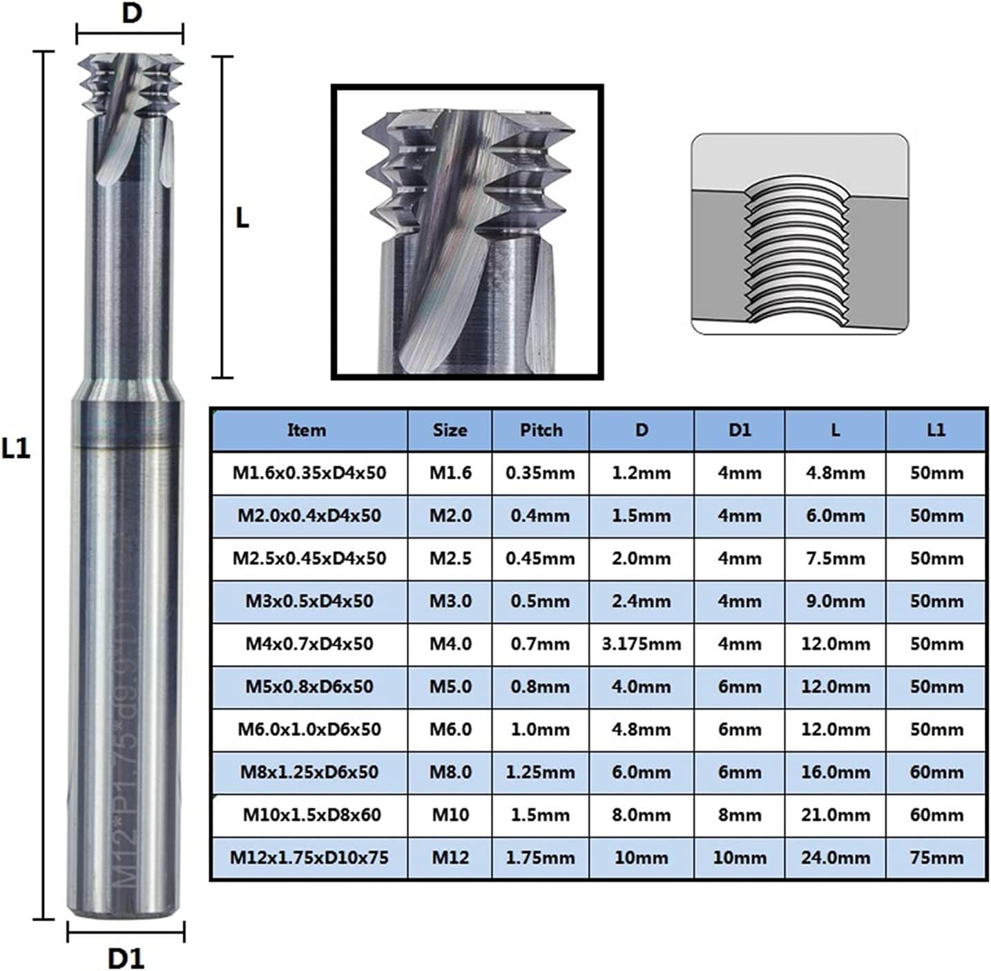 Carbide End Mill M1.6 M2 .5 M3 M4 M5 M6 M8 M10 M12 3 Flute Tungsten Steel Milling Cutters for of Kinds of Metal(M6x1.0xD6x50)