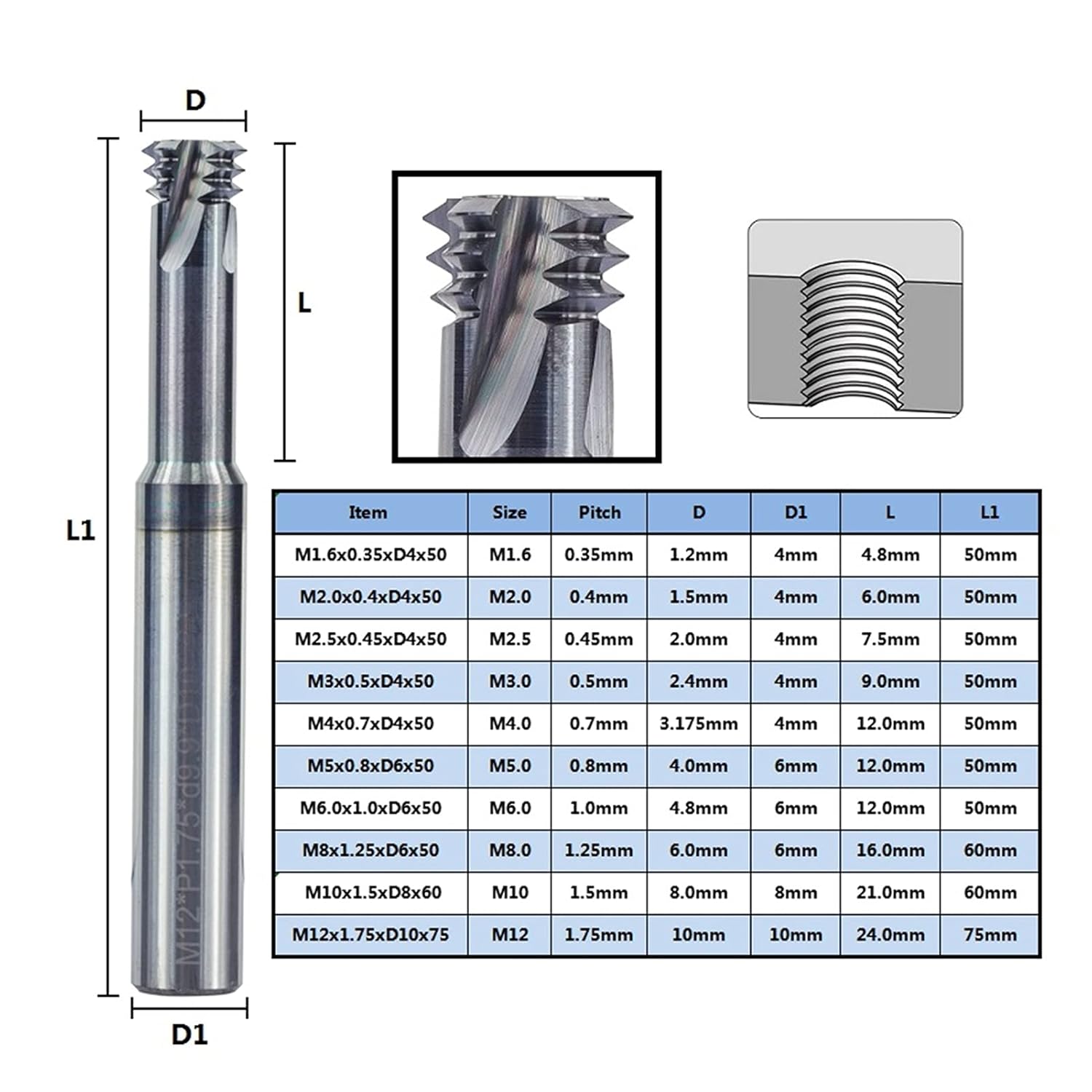 Carbide End Mill M1.6 M2 M2.5 M3 M4 M5 M6 M8 M10 M12 3 Flute Tungsten Steel Milling Cutters for Milling of Kinds of Metal(M3x0.5xD4x50)