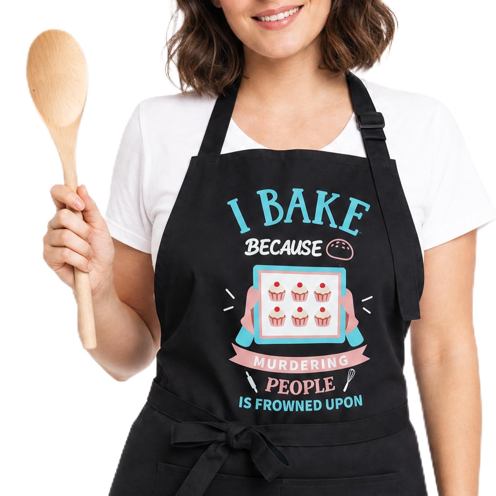 Bafeil Funny Apron for Women with Wooden Spoon Gift Set, Adjustable Black Baking Apron with 2 Pockets, Personalised Apron for Mum, Wife Girlfriend, Mother’s Day Birthday Christmas Gift — image 1