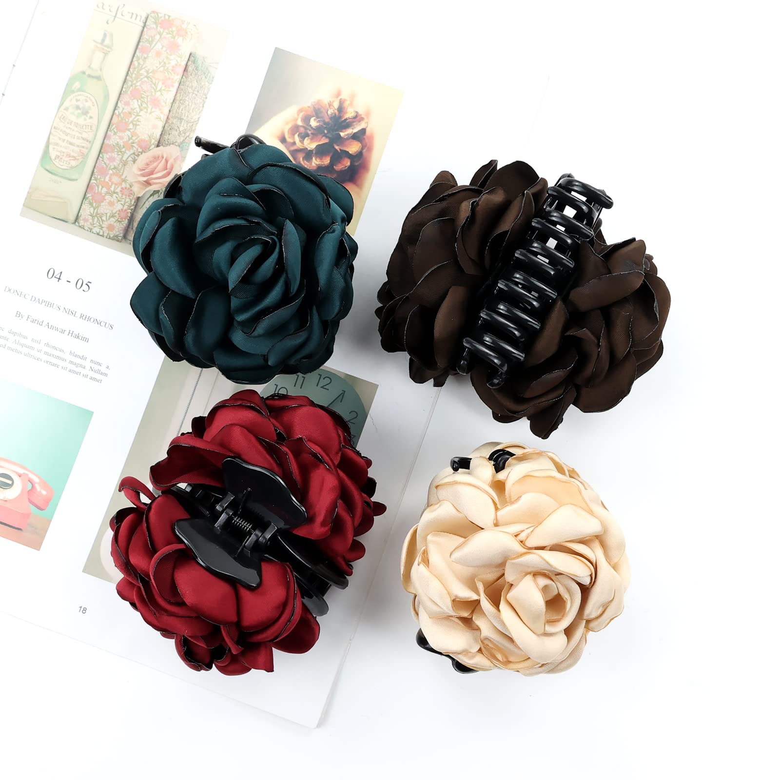 4 Pack Large Satin Rose Flower Hair Claw Clips for Thick Hair Bun Updo Satin Rose Flower Hair Claw Clip: Discolored Petal Hair  main image 4