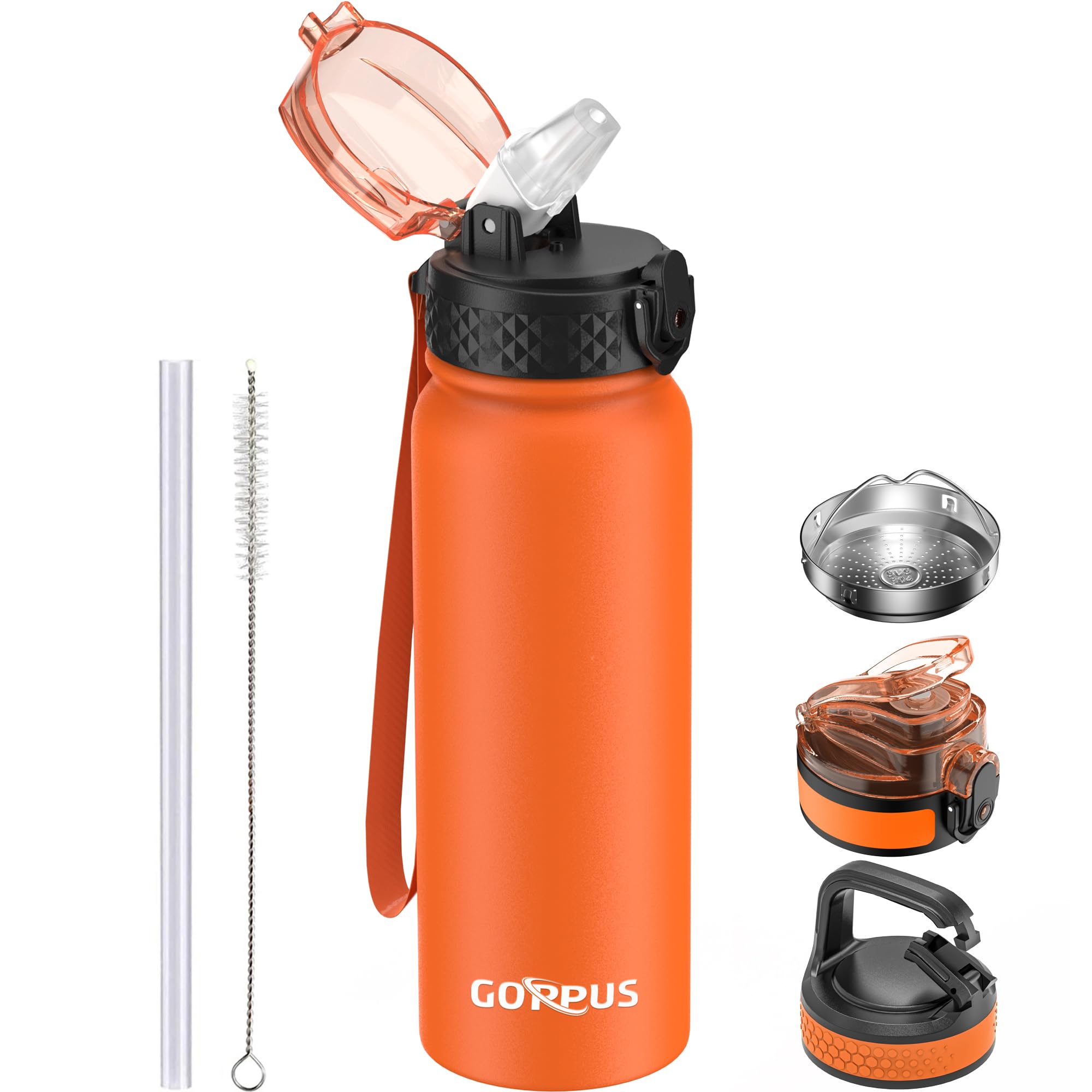 GOPPUS 600ml/20oz Stainless Water Bottle with Straw Double Wall Insulated Bottles with Strap One Hand Open Vacuum Thermal Flask Leakproof Keep Cold Bottles with Flip Top Lid BPA Free (Orange) — image 1