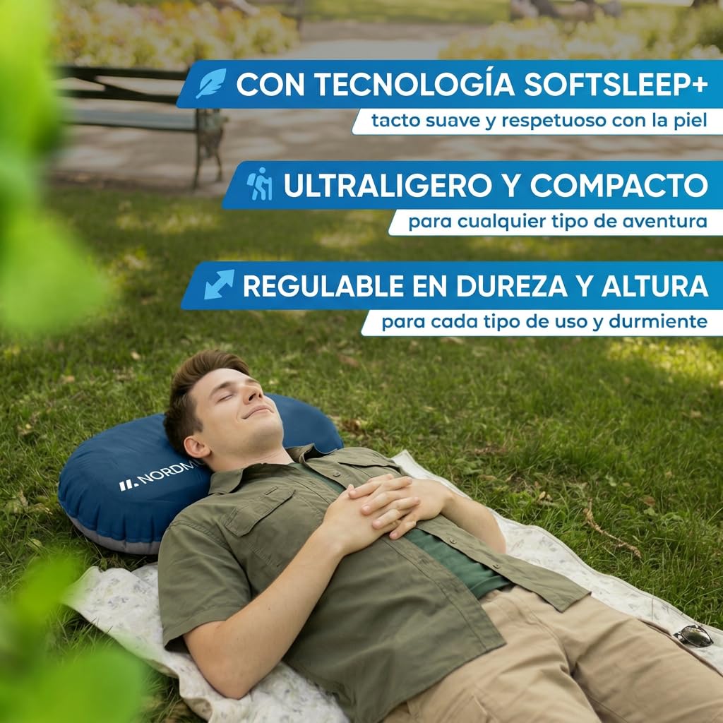 NORDMUT® Almohada de Camping Inflable [SoftSleep+] Almohada cómoda Ultraligera-pequeño tamaño – Inflable con Funda Lavable (Azul)