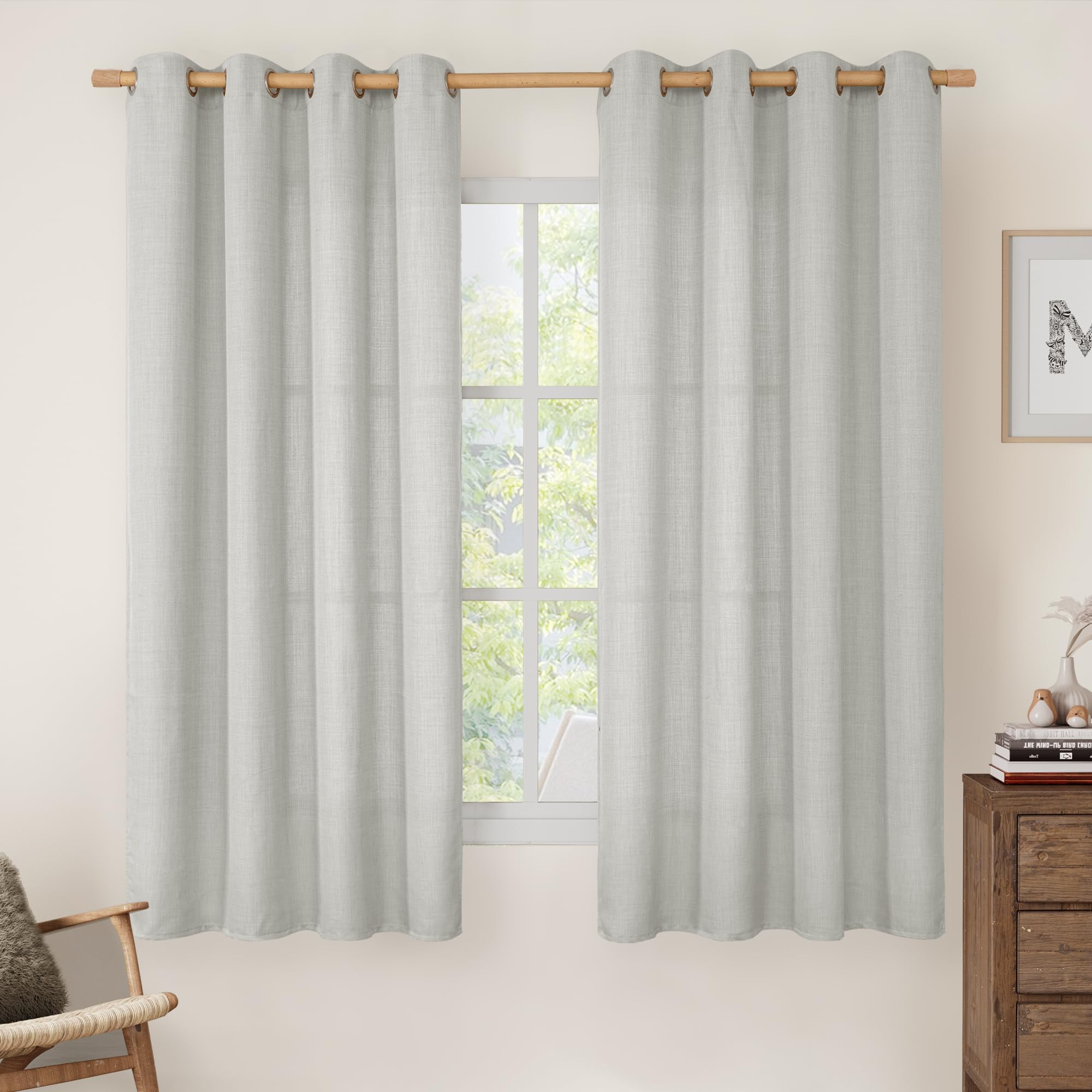LAMIT 63 Inch Light Grey Semi Sheer Linen Curtains for Bedroom 2 Panels