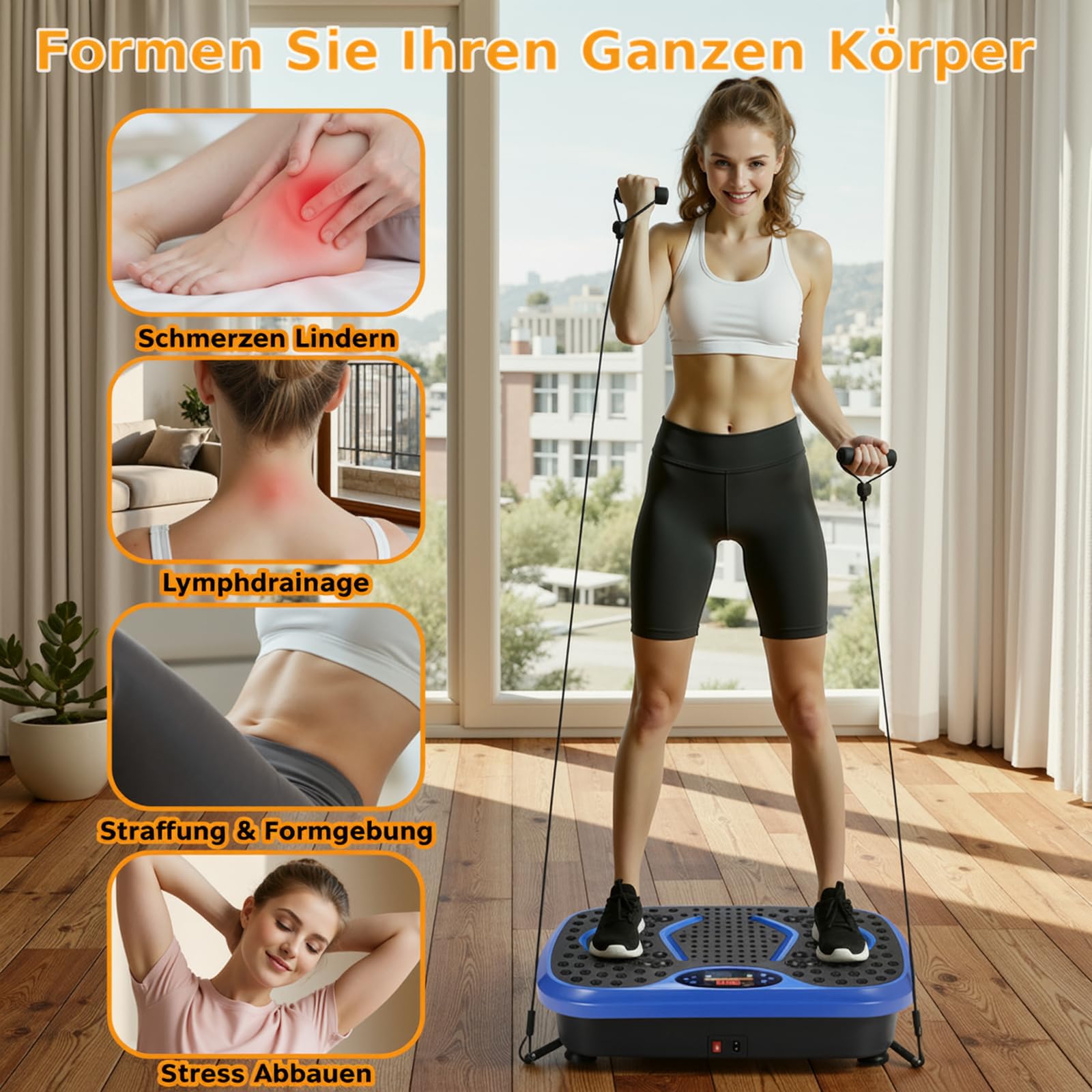 TLGREEN Vibrationsplatte für Home-Workout & Lymphdrainage – Leise Vibrationsboard mit 99 Stufen & 5 Programmen – Inkl. Trainingsbänder & Fernbedienung – Fitnessgerät für Fettverbrennung & Muskelaufbau