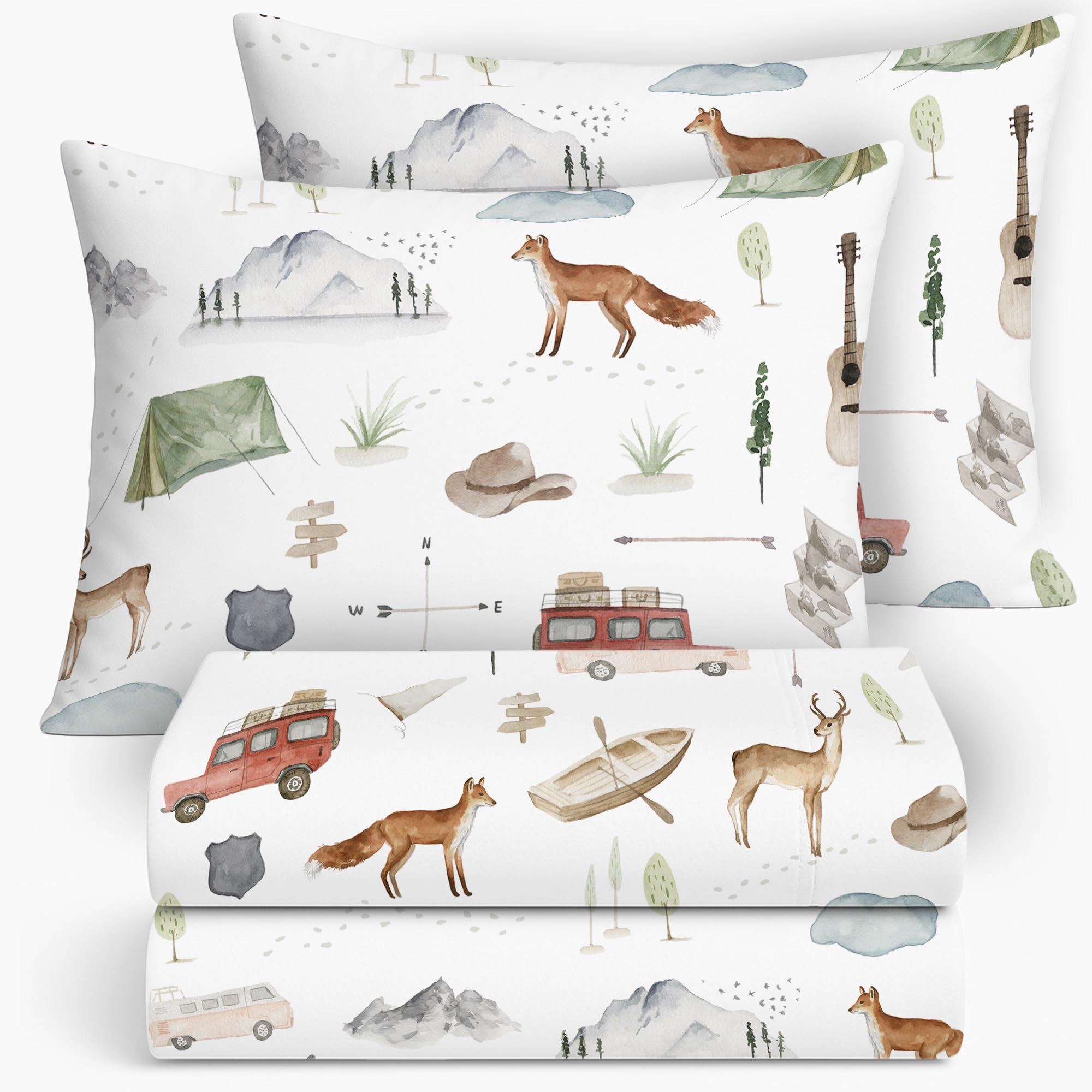 Pobibaby Premium Full Bed Sheet Set Kids Double Bed Sheets in Cotton Blend Ultra-Soft Woodland Camping Print with