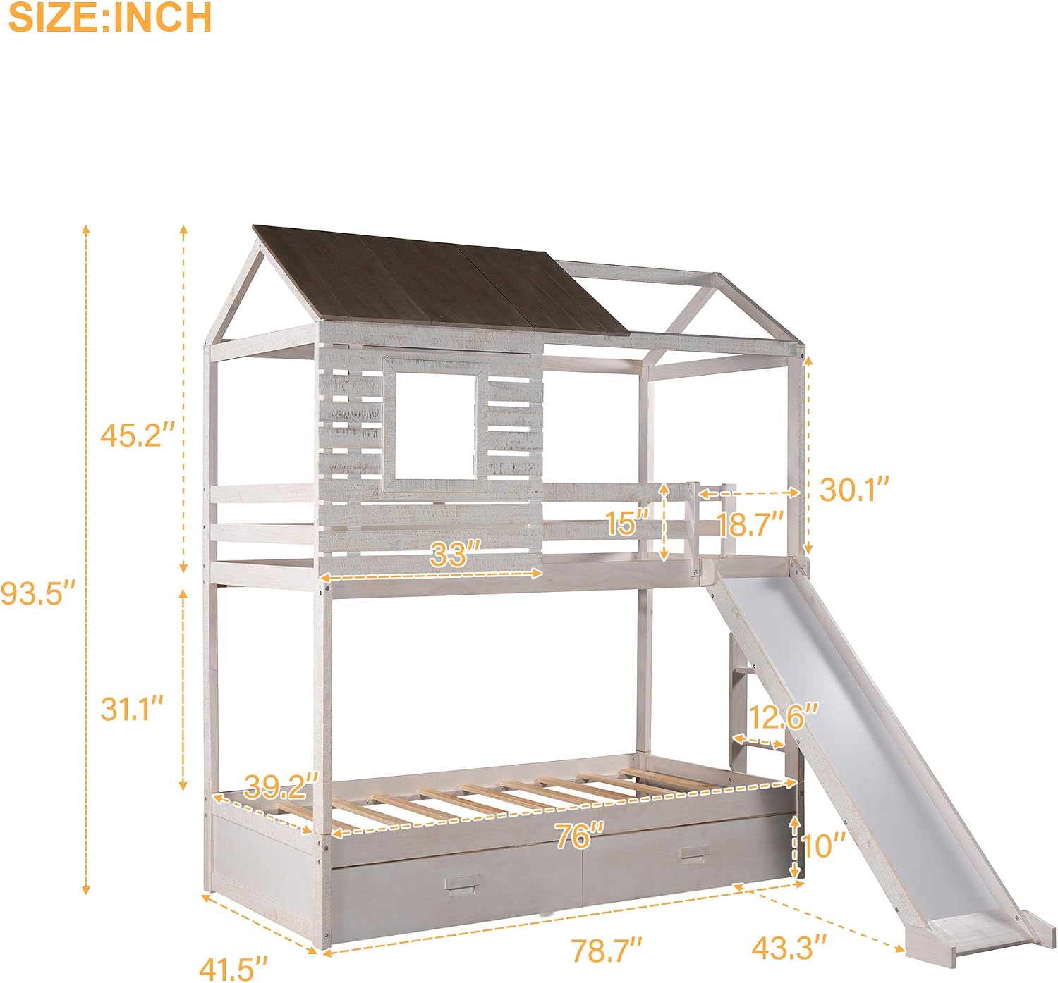 MERITLINE Twin Over Twin Bunk Beds with Slide, House Bunk Bed with Storage Drawers,Wood Twin House Bunk Bed for Kids,Teens,No Box Spring Needed, Antique White