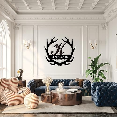 Miniatura 5 de Letrero personalizado con monograma de cuernos para exteriores, letrero de nombre de familia, bandera de jardín, apellido, ciervo, patio,