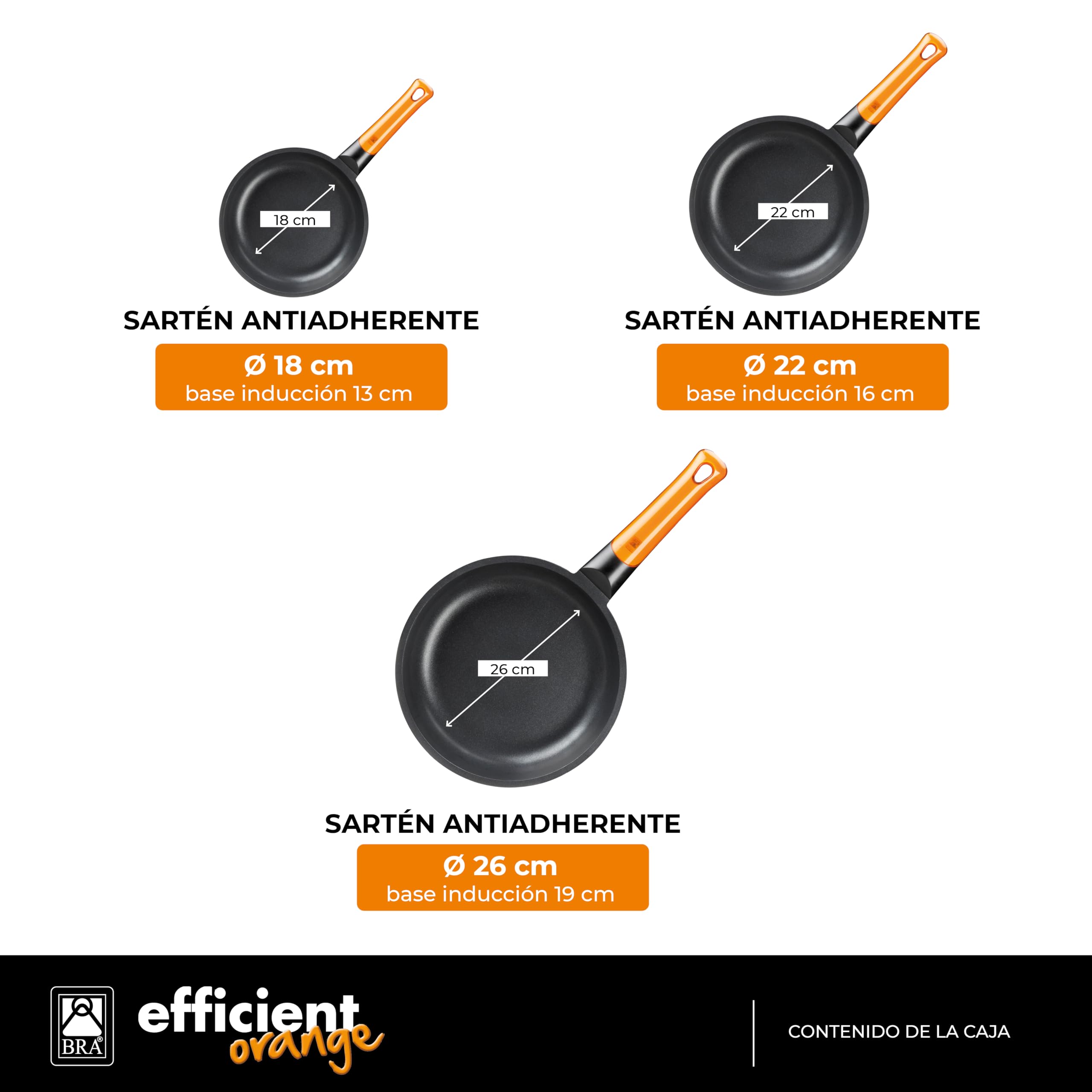 BRA Efficient Orange | Set di 3 Padelle di Alluminio fuso, 18/22/26 cm di Diametro, antiaderente e 100% Senza PFOA, per Tutti i tipi di piani cottura, Adatte per Lavastoviglie