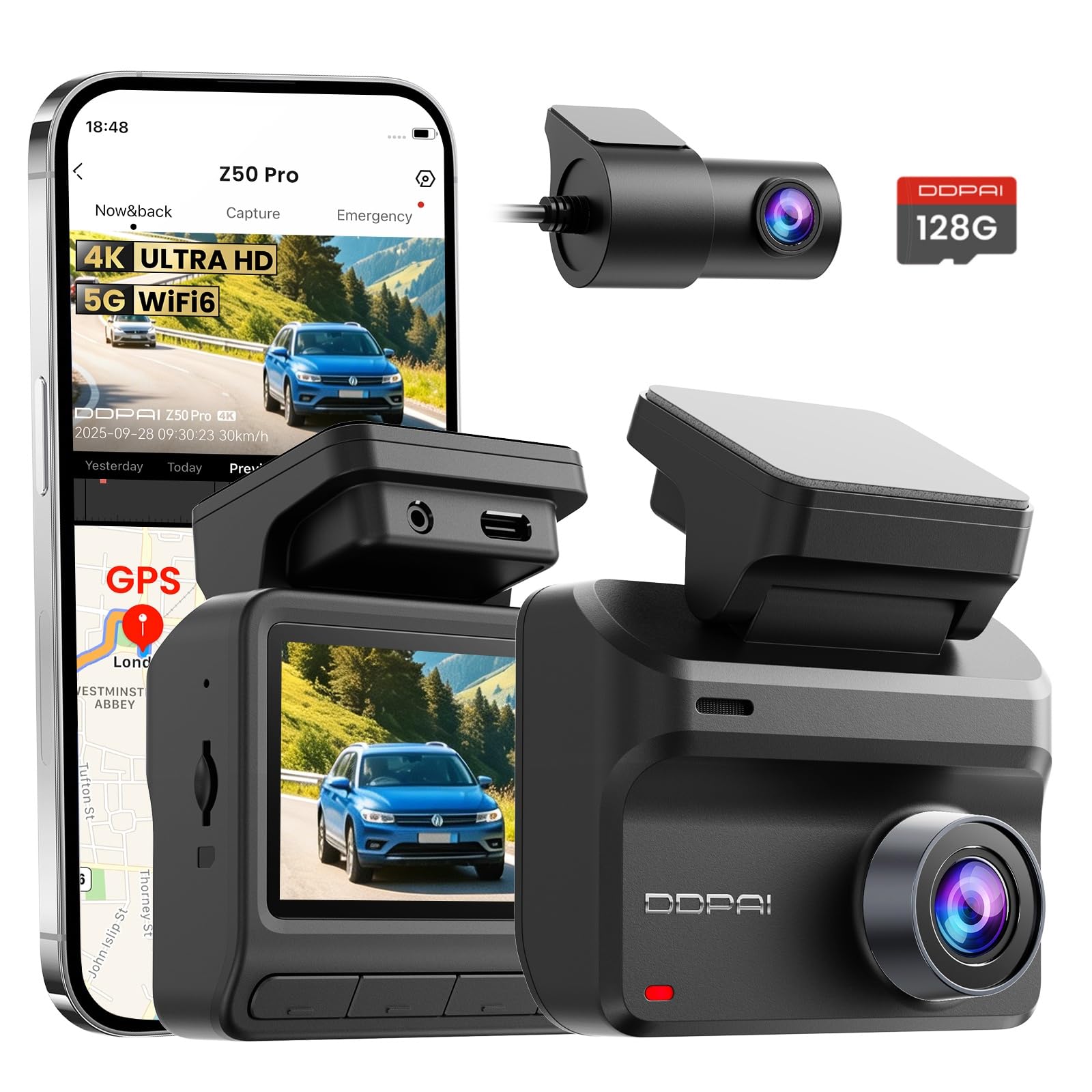 DDPAI Dashcam przednia tylna kamera samochodowa 4K + 1080P kamera samochodowa, darmowa karta 64 GB, wyświetlacz IPS 3-calowy, 5 GHz WiFi 6, GPS, G-Sensor, sterowanie aplikacją, noktowizor AI-ISP