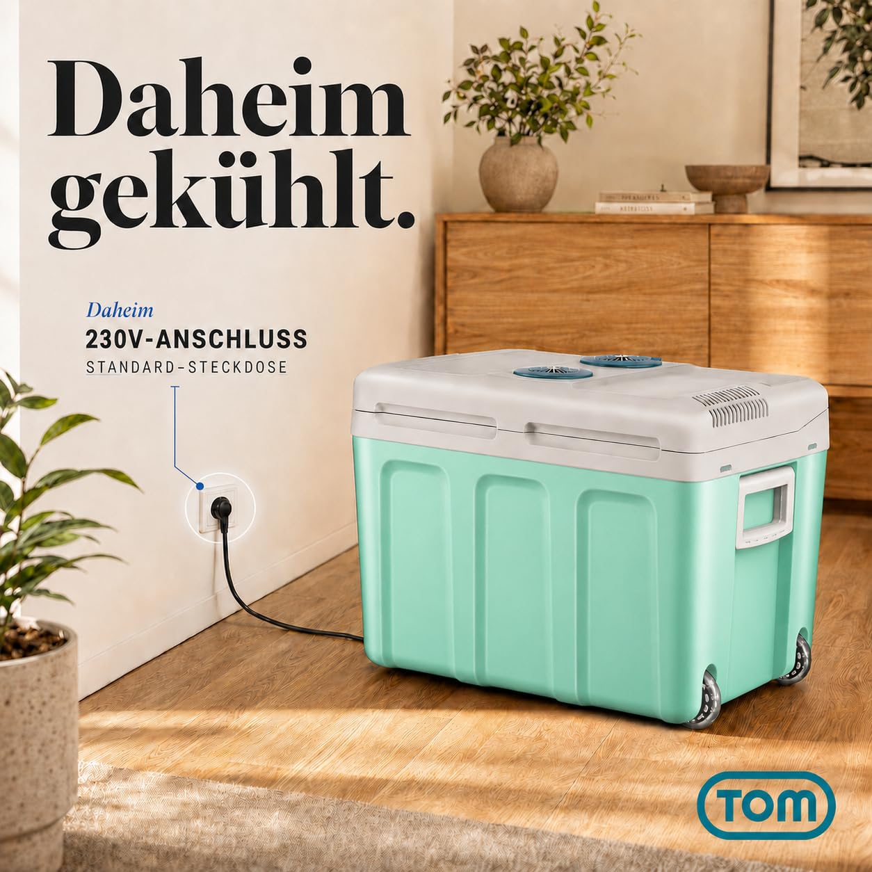 TOM 2in1 XXL Kühlbox 40l mit Kühl- und Heizfunktion – elektrische Coolbox mit Rollen – 230V & 12V Strom Anschluss – Elektrisch – für Auto, Camping, Wohnwagen & Co – Plus Geschenk