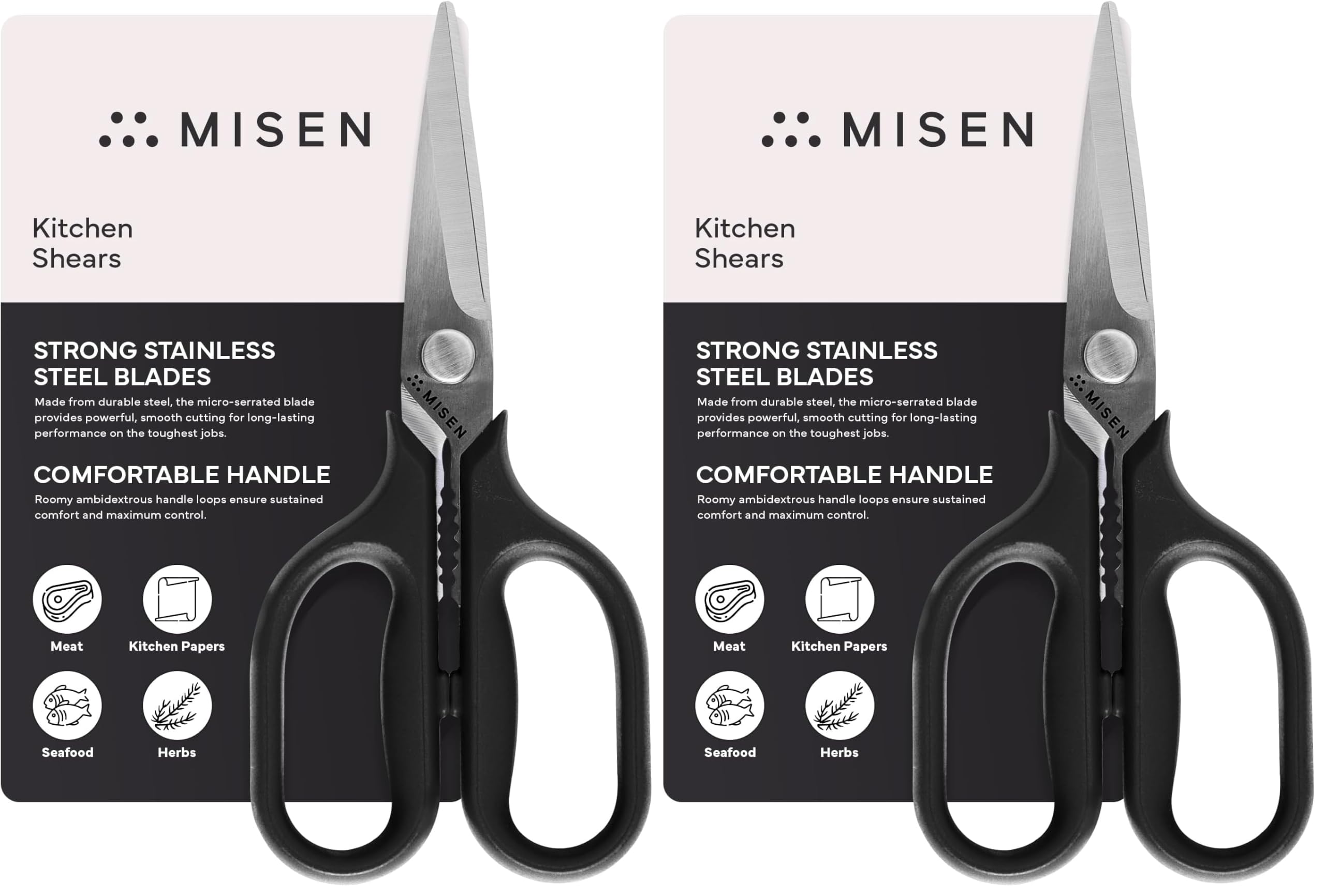 Misen Heavy Duty Kitchen Shears - Comfortable Ambidextrous Scissors for Meat, Poultry, Herbs &amp; More - Easy to Clean - German Stainless Steel - Small | Black (Pack of 2)