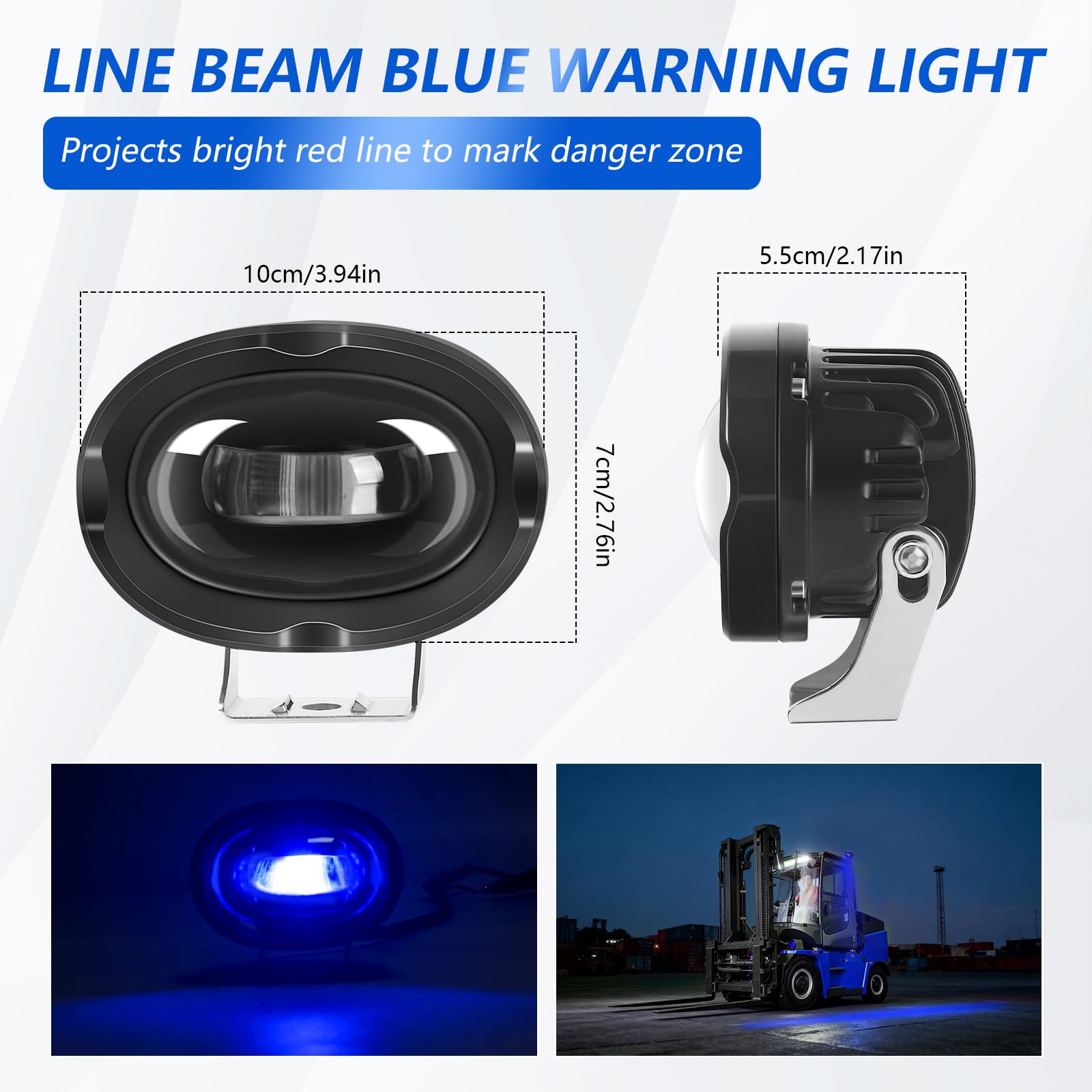 Chelhead Bleu Éclairage Sécurité LED Chariot Élévateur Ligne + Arc 10–80V | 3 feux LED avec 2 lignes droites et 1 arc faisceau LED haute visibilité pour améliorer la sécurité des chariots élévateurs