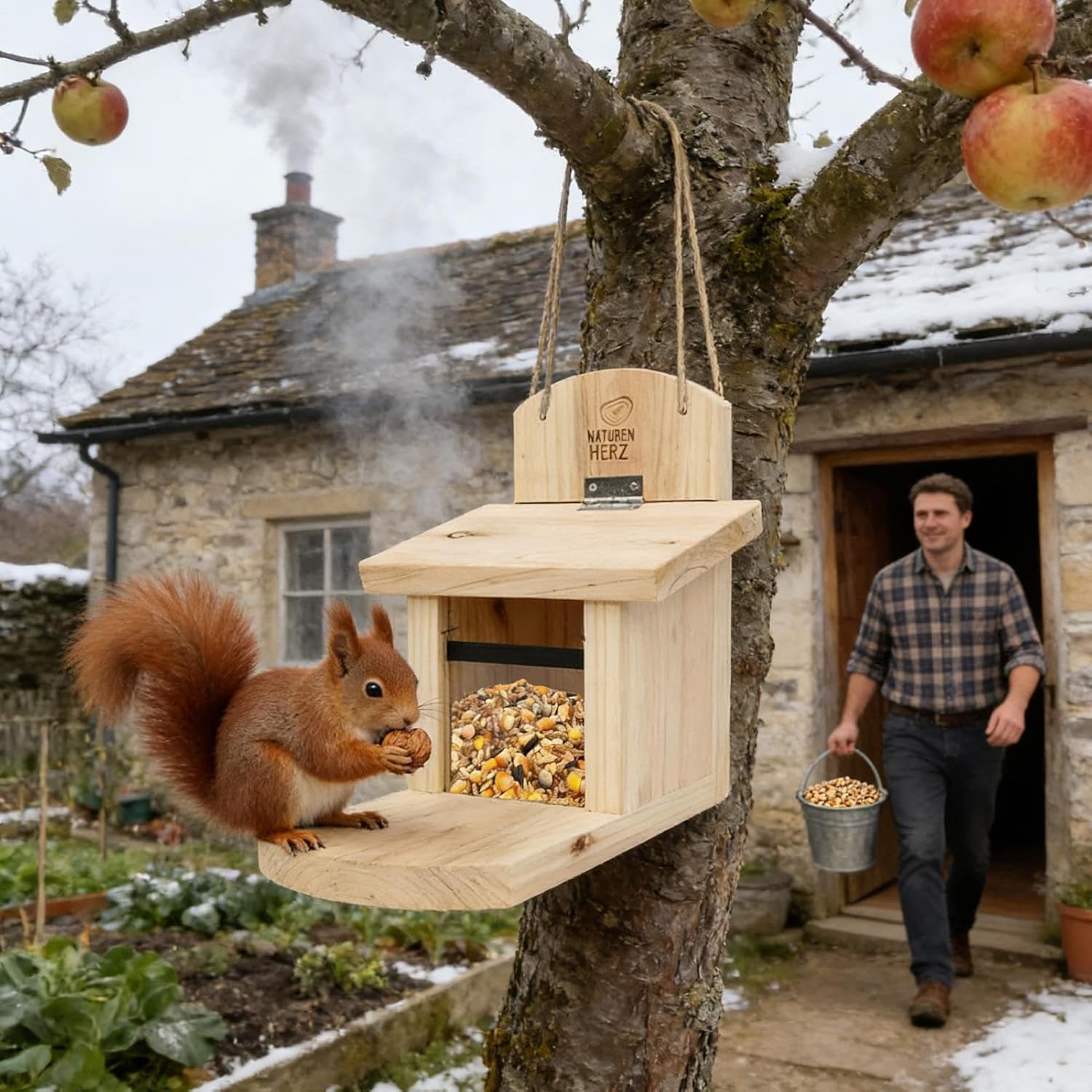 Squirrel Feeding Station for Outdoors, Wooden Windproof Dispenser Feeding House, Gnaw Resistant Roof Squirrels Feeder with Long Board for Pets Wildlife Water Food Garden Yard Patio Balcony