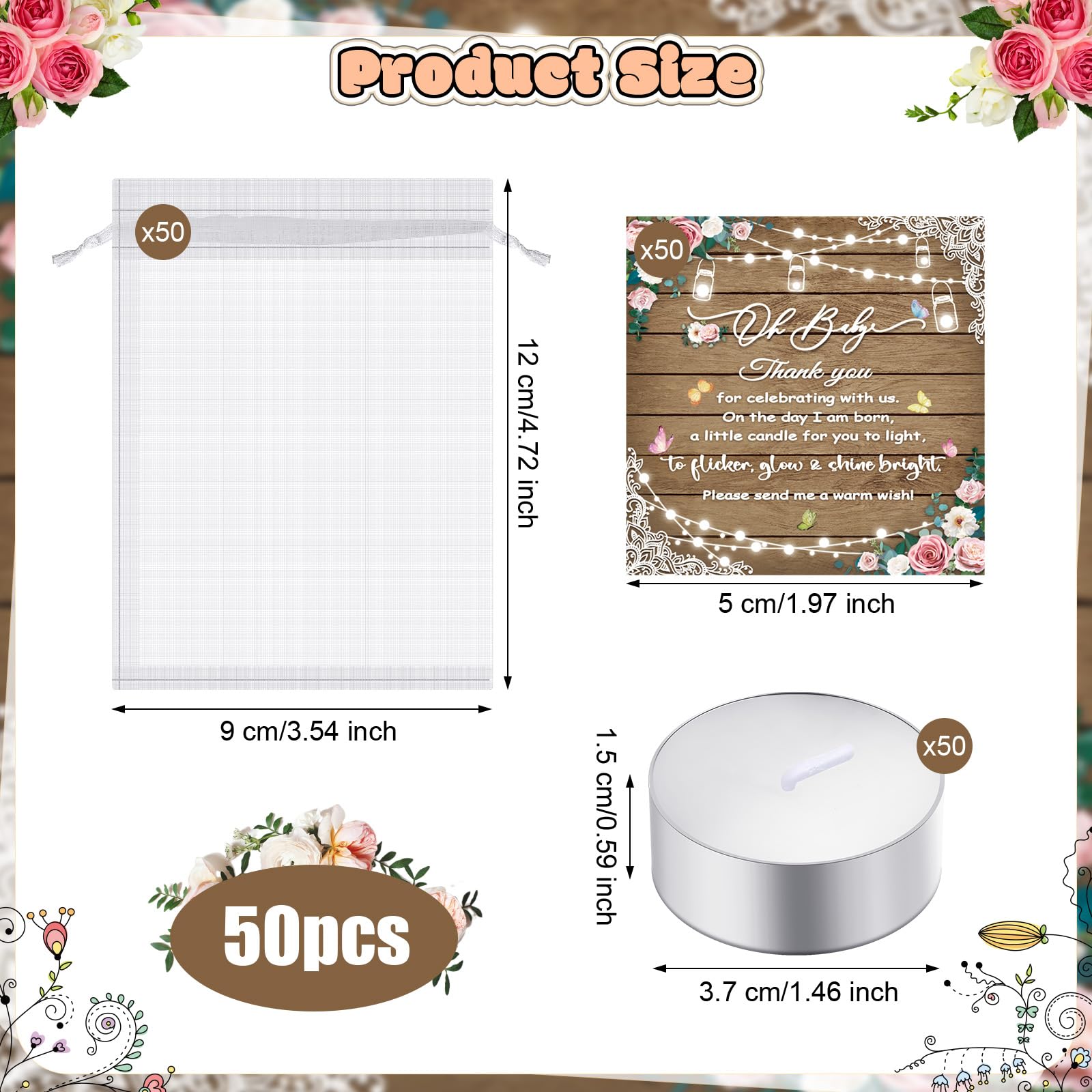 Threlaco 150 Pcs Baby Shower Party Favors for Guests Rustic Wood Baby Shower Gifts Include 50 Tea Light Candles 50 Rustic Floral Thank You Cards 50 Return Gift Bags for Gender Reveal Party Supplies