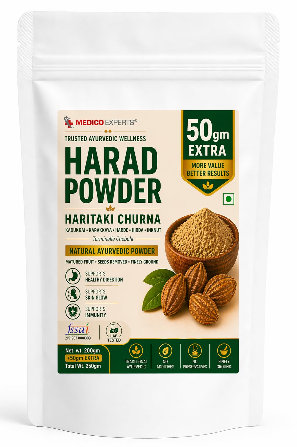 MedicoExperts Harad Powder - 200gm + 50gm Free | Haritaki Churna | Kadukkai, Karakkaya, Harde, Hirda, Inknut | Terminalia Chebula | FSSAI Certified, Lab Tested, No Additives