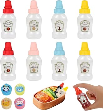 8 PCS Mini Ketchup Bottles, 25ml Condiment Squeeze Bottle, Plastic Containers for Sauces, Portable Small Squeeze Containers with 4pcs Sauce Box for Kids Picnic Honey Soy Sauce Salad Dressing