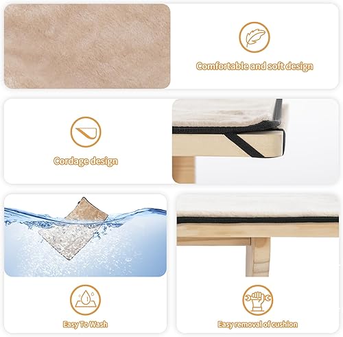 Miniatura 5 de Percha de Ventana para Gatos Petsfit, Hamaca de Gato de Madera Maciza Natural con Estera de Forro Polar Desmontable, Percha de Ventana Fácil de