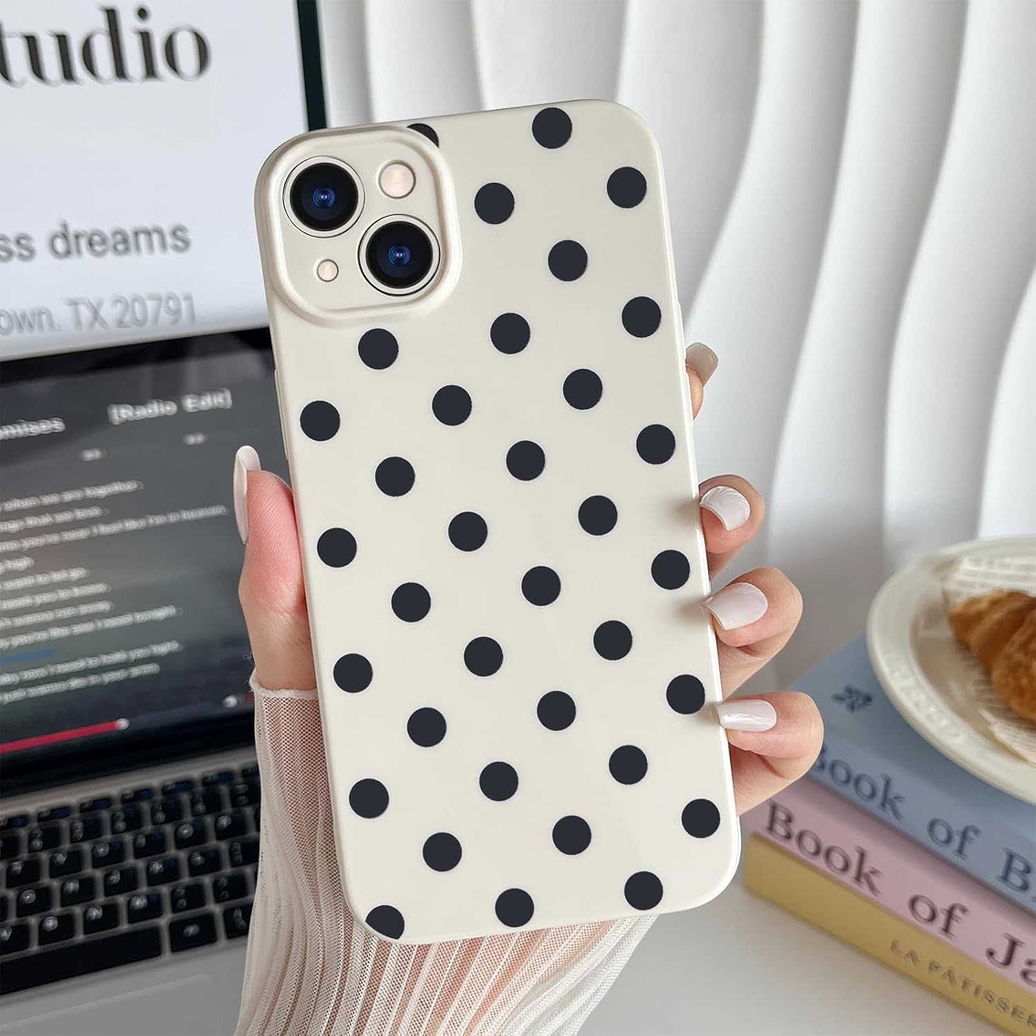 Skyseaco Compatible with iPhone 14 Plus Case Cute Polka Dot Phone Case Soft Slim TPU Shockproof Phone Cover Full Camera Protection for Women Girls - White image 3