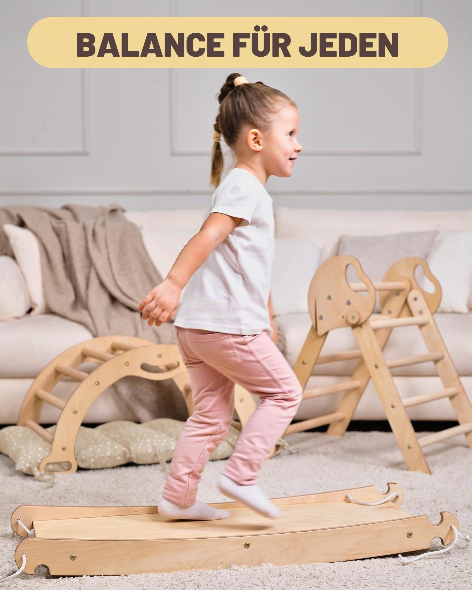 Goodevas Montessori Kletterdreieck Set | Klettergerüst Indoor Holz mit Dreieck, Wippe, Rutsche, Kissen & Kunst-Set, Umbaubar, 1-3 Jahre, Beige