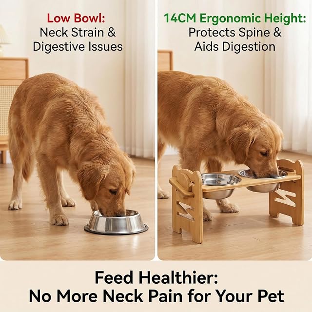 Foto 3 de 7 de 36 × 14 × 14 cm. Comedero para perros elevado. Cuenco de alimentación ajustable de madera WIYETY con 2…