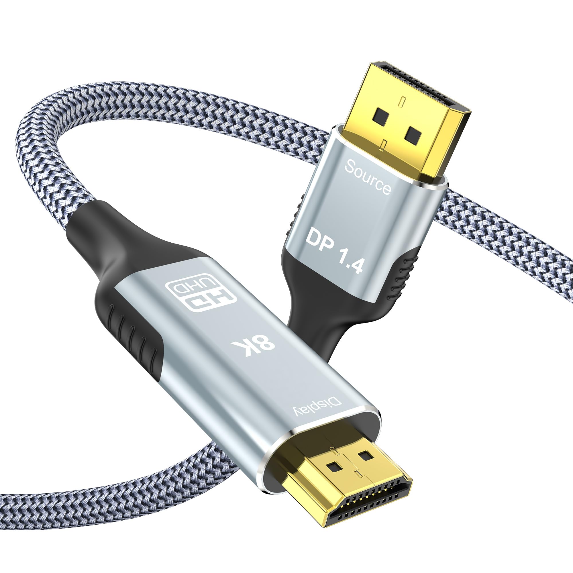 Câble DisplayPort 8K vers HDMI 2.1 de 1,8 m, 8K @ 60 Hz, 4K @ 240 Hz, port d'affichage unidirectionnel 1.4 source vers écran HDMI 2.1, cordon tressé DP vers HDMI pour Dell, NVIDIA, AMD