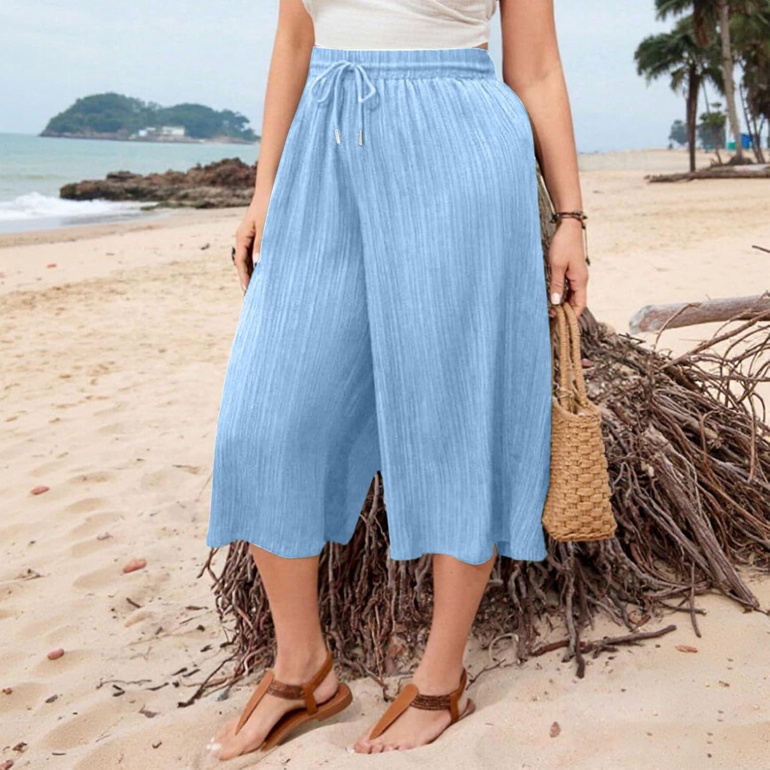 Flowy Palazzo Capris for Women Knee Length Loose Wide Leg Bermuda Shorts Texture Elastic Waist Capri Pants