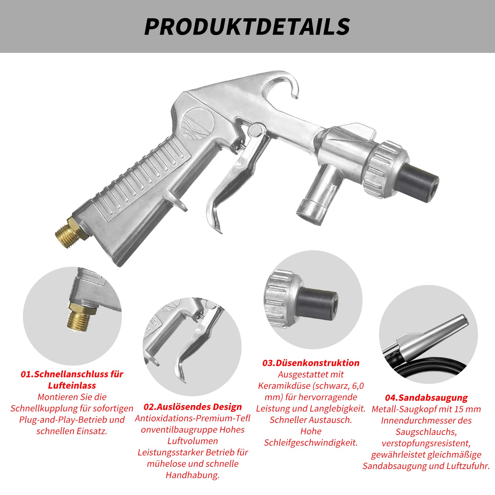 Zandstraalpistoolset perslucht met een lang zandstraalmondstuk en metalen sproeiers met een dikte van 5 mm/6 mm, rubberen slang van 1 m lang en luchtaansluitstuk voor het zandstralen