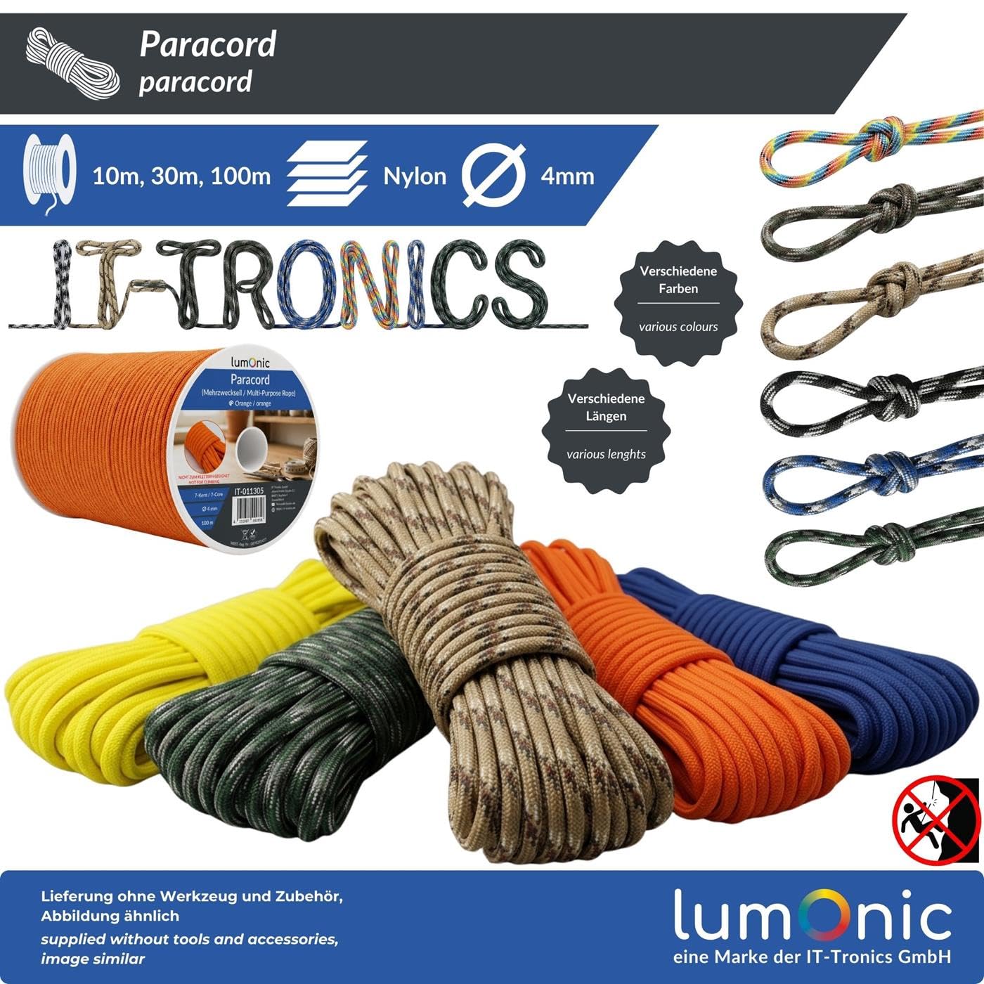 Lumonic 10m Paracord 4mm Amarillo fluorescente | 100% nailon | 7 núcleos, funda de 32 filamentos | Capacidad de carga máx. 250 kg | correa para perro, pulsera, outdoor, bushcraft, cuerda para tienda d