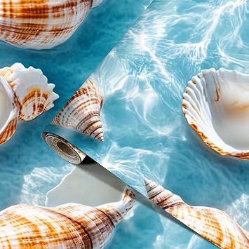 HOMETITUTE Beach Coastal Wallpaper Peel and Stick Contact Paper for Countertops Cabinets Wall Paper Bedroom Bathroom Self Adhesive Removable Matte Ocean Wave Shell Vinyl Wrap 15.7"x39.4"