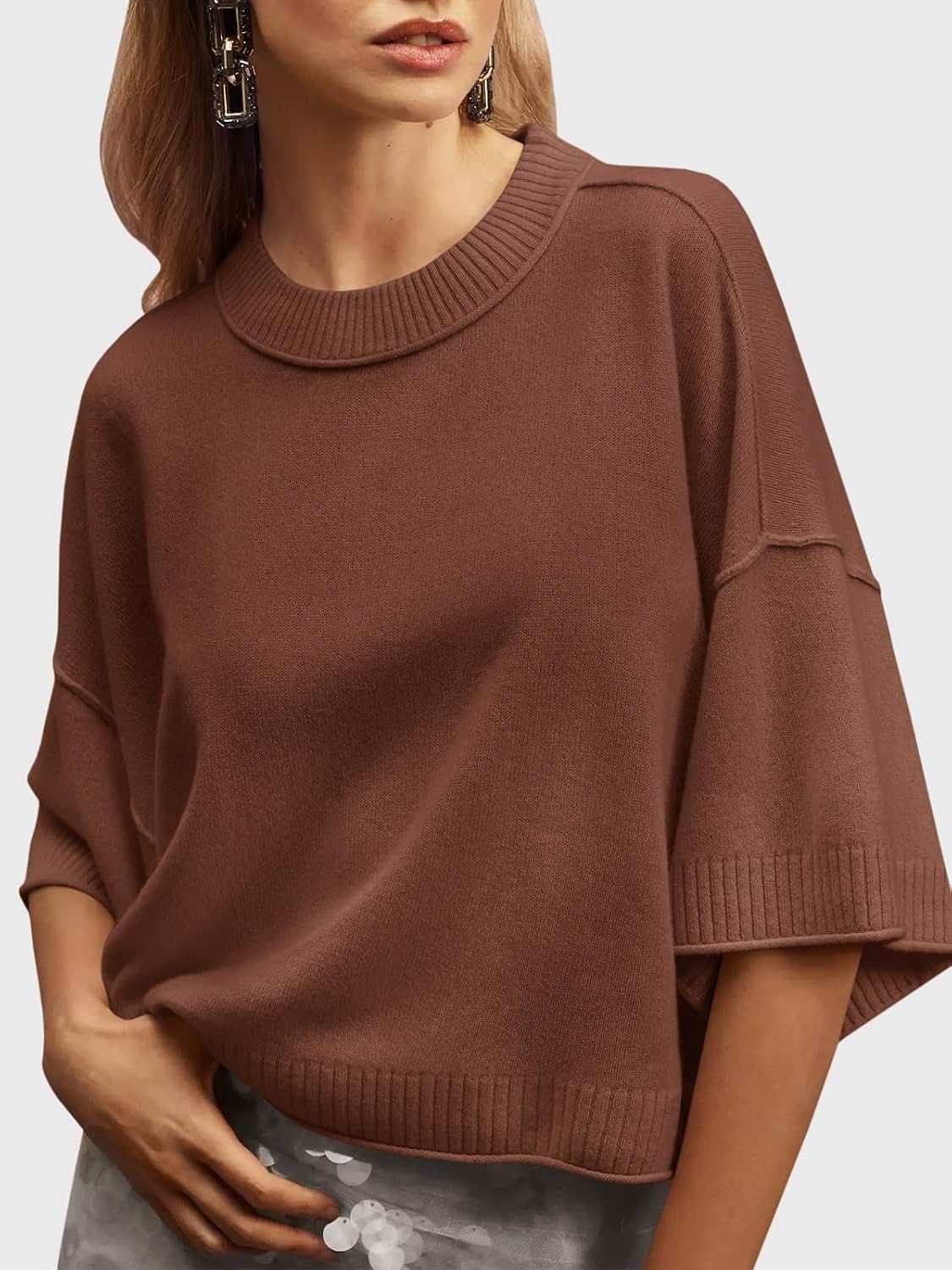  Womens Short Sleeve Sweater Oversized Cropped Sweaters Knit Top | Summer,Casual,Crew Neck,Lightweight,Striped,Loose,Half Sleeve,Business Casual,Work,Basic T Shirts,Seam,Spring,Going Out thumbnail